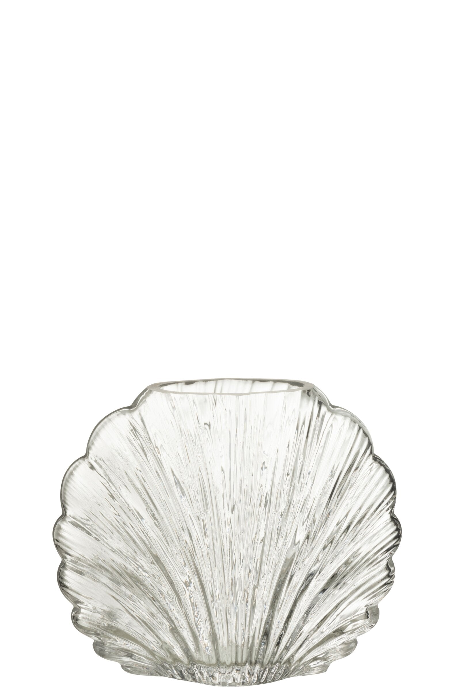 Vaso decorativo in vetro trasparente a forma di conchiglia della collezione "Oceano Azul" di Jolipa, caratterizzato da una superficie lavorata con scanalature verticali a rilievo che riflettono la luce. Questo originale complemento d'arredo di ispirazione marina è ideale per ospitare fiori freschi o come elegante centrotavola per impreziosire gli ambienti di casa.