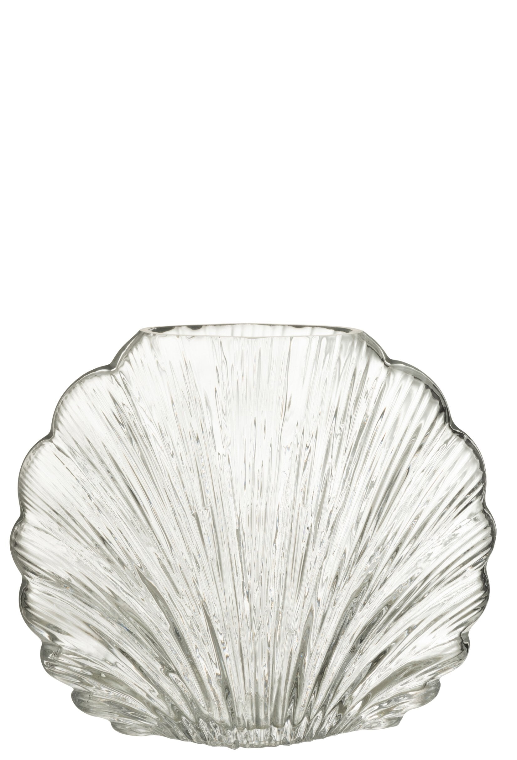 Vaso decorativo in vetro trasparente a forma di conchiglia della collezione "Oceano Azul" di Jolipa, caratterizzato da una superficie lavorata con scanalature verticali a rilievo che riflettono la luce. Questo originale complemento d'arredo di ispirazione marina è ideale per ospitare fiori freschi o come elegante centrotavola per impreziosire gli ambienti di casa.