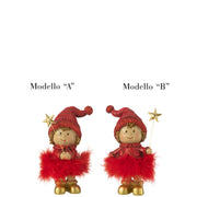 Statuina natalizia di bambino con berretto glitterato rosso, gonna di piume e stivaletti dorati, con bacchetta a forma di stella. Decorazione assortita in due modelli, ideale per l'home décor e come idea regalo.