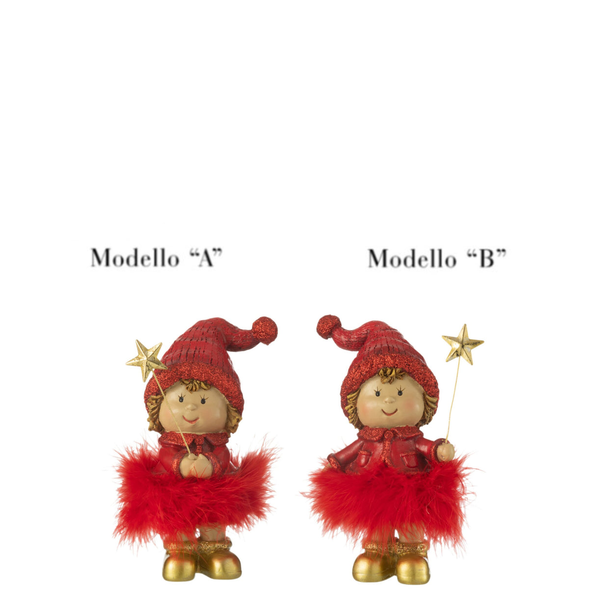 Statuina natalizia di bambino con berretto glitterato rosso, gonna di piume e stivaletti dorati, con bacchetta a forma di stella. Decorazione assortita in due modelli, ideale per l'home décor e come idea regalo.
