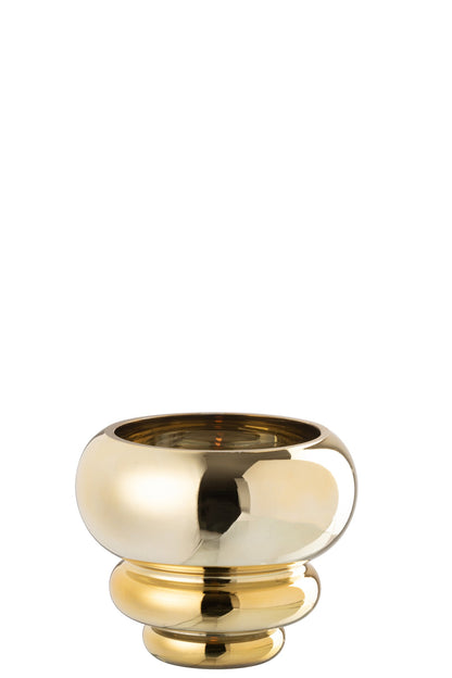 Portacandela / piccolo vaso decorativo modello Julia con finitura oro lucida e specchiata, ideale per impreziosire i tavoli o le superfici di casa con un tocco di eleganza. Questo raffinato complemento d'arredo presenta una struttura bombata con base sagomata a cerchi sovrapposti, perfetta sia per ospitare candele che come originale elemento di design.