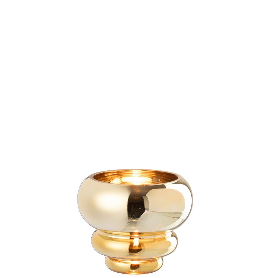 Portacandela / piccolo vaso decorativo modello Julia con finitura oro lucida e specchiata, ideale per impreziosire i tavoli o le superfici di casa con un tocco di eleganza. Questo raffinato complemento d'arredo presenta una struttura bombata con base sagomata a cerchi sovrapposti, perfetta sia per ospitare candele che come originale elemento di design.