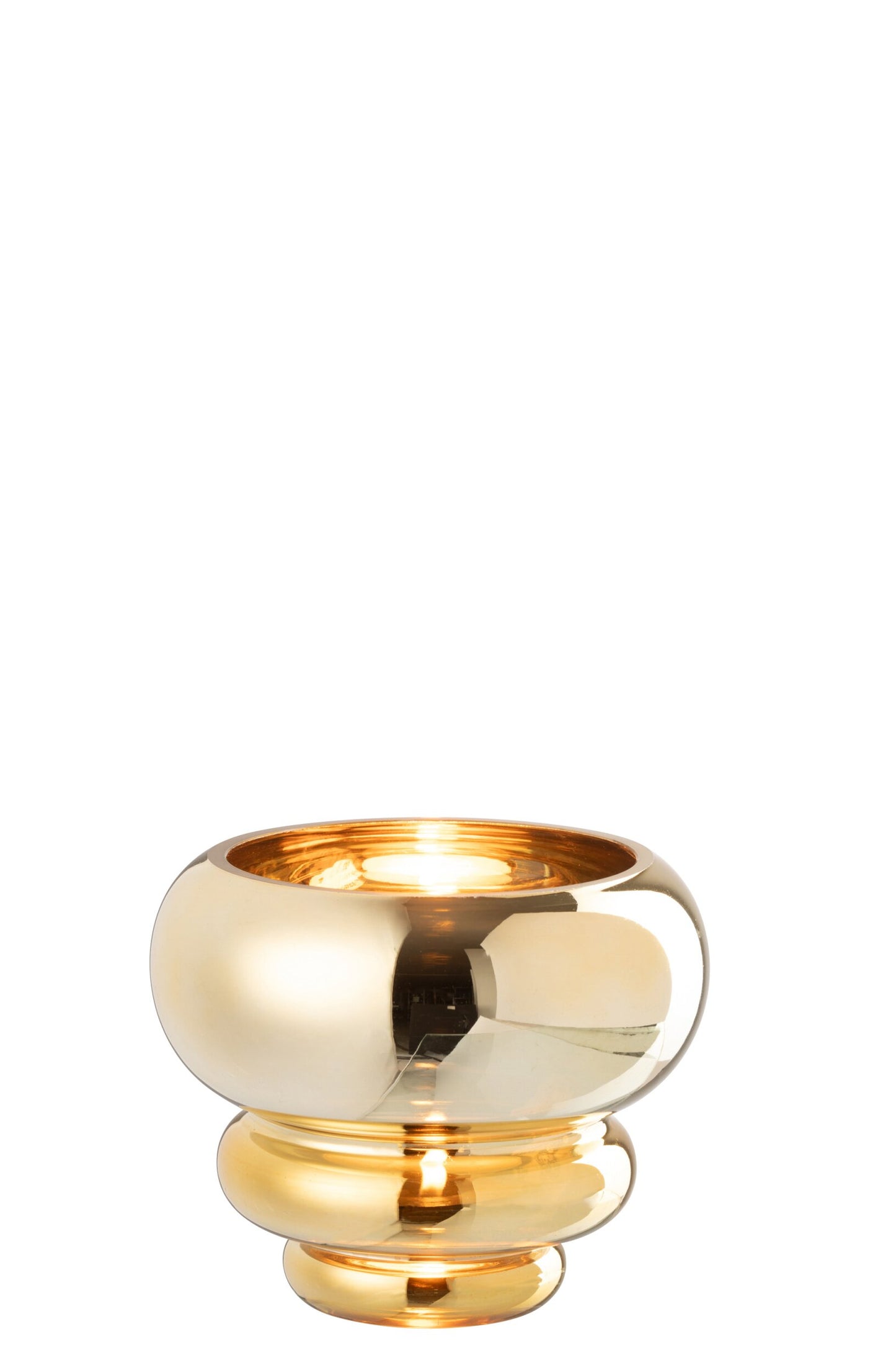 Portacandela / piccolo vaso decorativo modello Julia con finitura oro lucida e specchiata, ideale per impreziosire i tavoli o le superfici di casa con un tocco di eleganza. Questo raffinato complemento d'arredo presenta una struttura bombata con base sagomata a cerchi sovrapposti, perfetta sia per ospitare candele che come originale elemento di design.