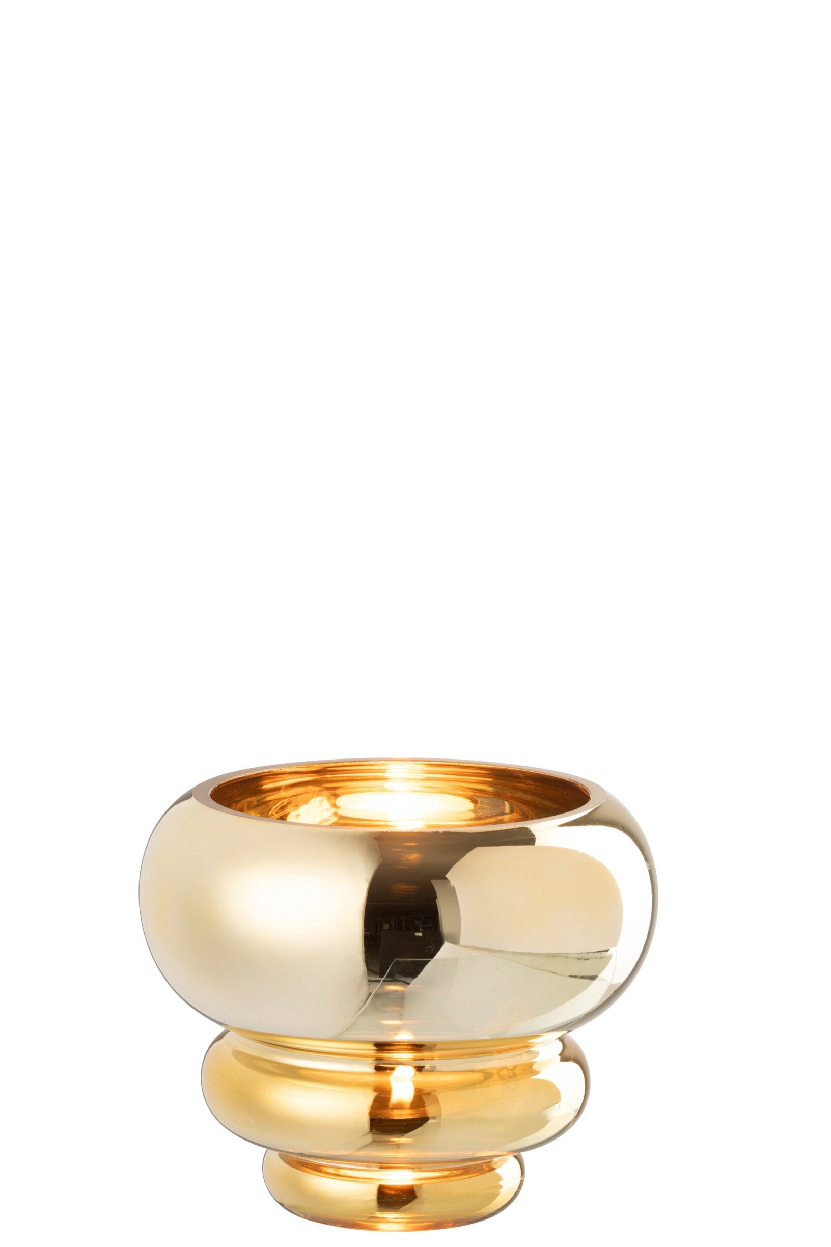 Portacandela / piccolo vaso decorativo modello Julia con finitura oro lucida e specchiata, ideale per impreziosire i tavoli o le superfici di casa con un tocco di eleganza. Questo raffinato complemento d'arredo presenta una struttura bombata con base sagomata a cerchi sovrapposti, perfetta sia per ospitare candele che come originale elemento di design.