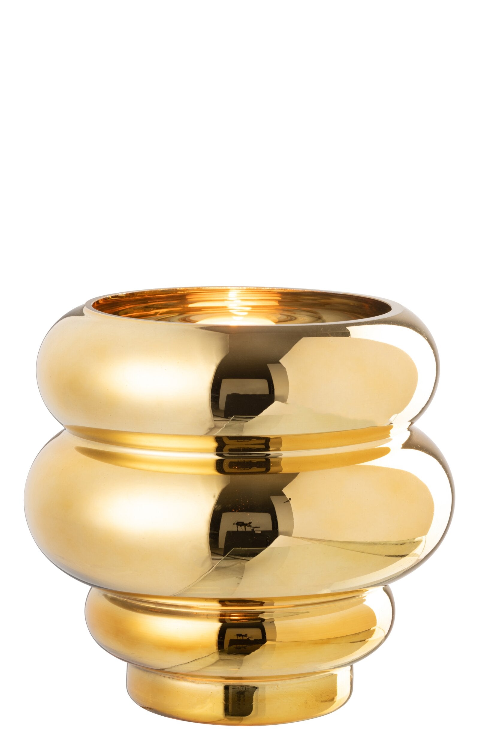 Portacandela e vaso decorativo modello Clea dorato con finitura metallica lucida a effetto specchio, caratterizzato da un design moderno e bombato a cerchi sovrapposti. Questo elegante complemento d'arredo per interni presenta una struttura sagomata a onde, ideale come centrotavola di design o vaso per fiori per arricchire la casa.