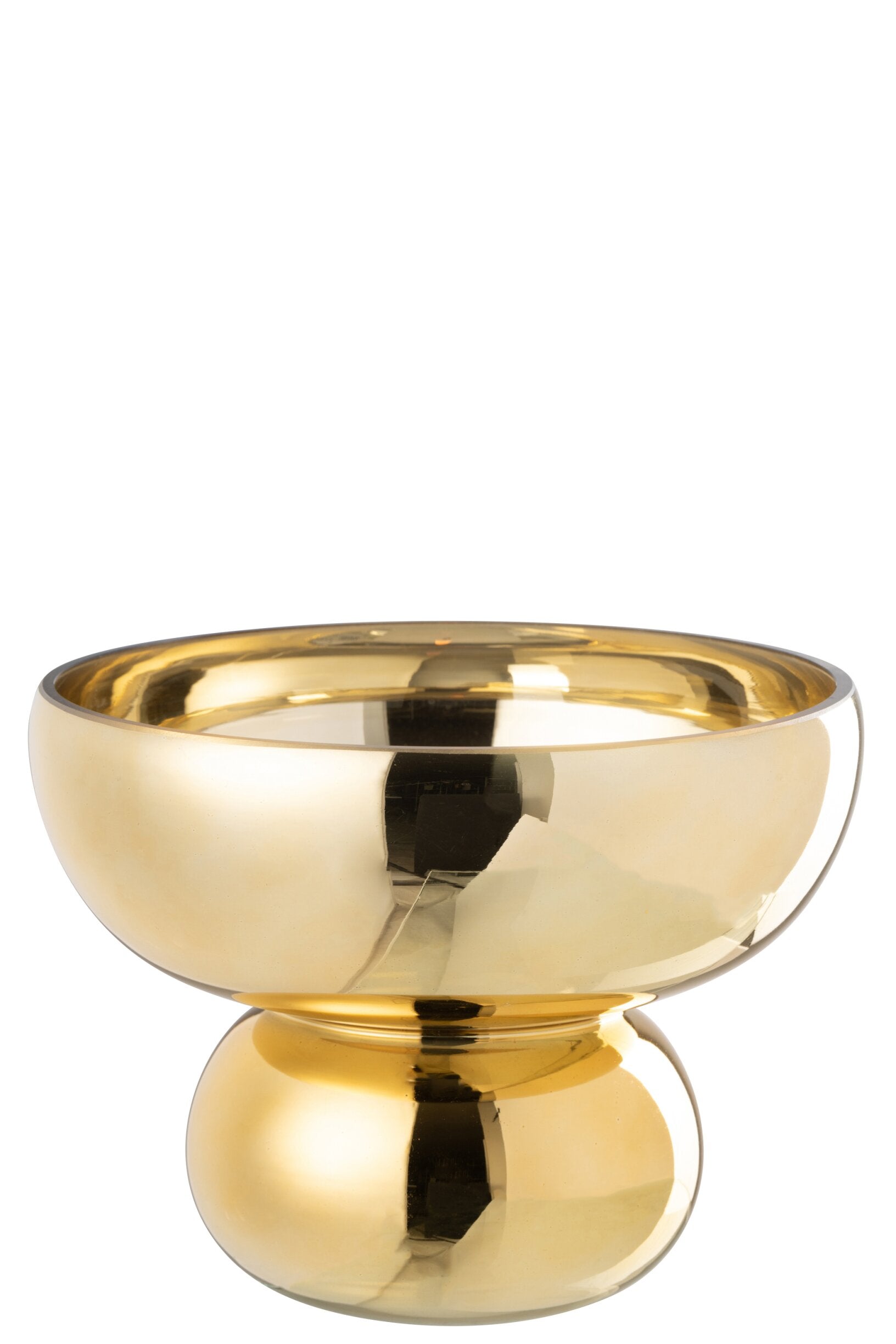 Ciotola decorativa con piede arrotondato della collezione Julia, caratterizzata da una lussuosa finitura oro lucida e specchiata. Qquesto raffinato complemento d'arredo presenta un'ampia coppa superiore e una base sferica bombata, ideale per essere utilizzato come elegante centrotavola, svuotatasche o come sofisticato elemento di design per arricchire gli ambienti di casa.
