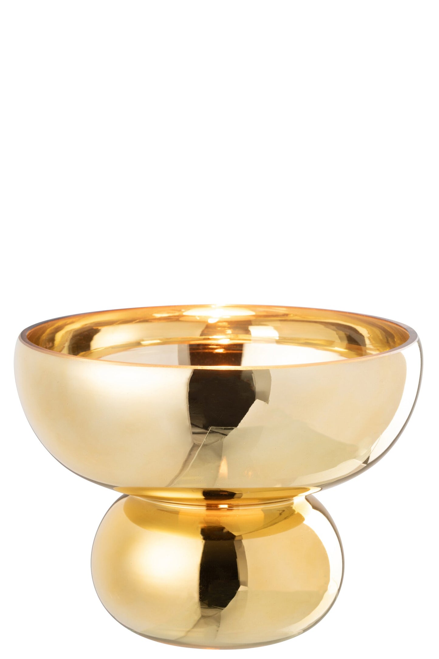 Ciotola decorativa con piede arrotondato della collezione Julia, caratterizzata da una lussuosa finitura oro lucida e specchiata. Qquesto raffinato complemento d'arredo presenta un'ampia coppa superiore e una base sferica bombata, ideale per essere utilizzato come elegante centrotavola, svuotatasche o come sofisticato elemento di design per arricchire gli ambienti di casa.