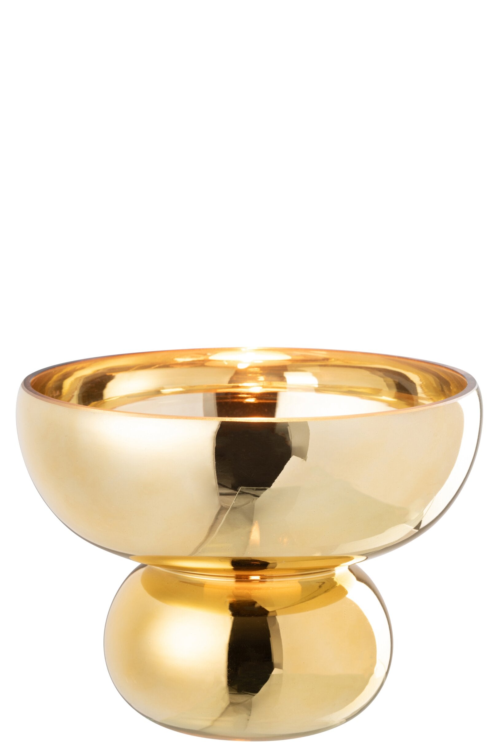 Ciotola decorativa con piede arrotondato della collezione Julia, caratterizzata da una lussuosa finitura oro lucida e specchiata. Qquesto raffinato complemento d'arredo presenta un'ampia coppa superiore e una base sferica bombata, ideale per essere utilizzato come elegante centrotavola, svuotatasche o come sofisticato elemento di design per arricchire gli ambienti di casa.