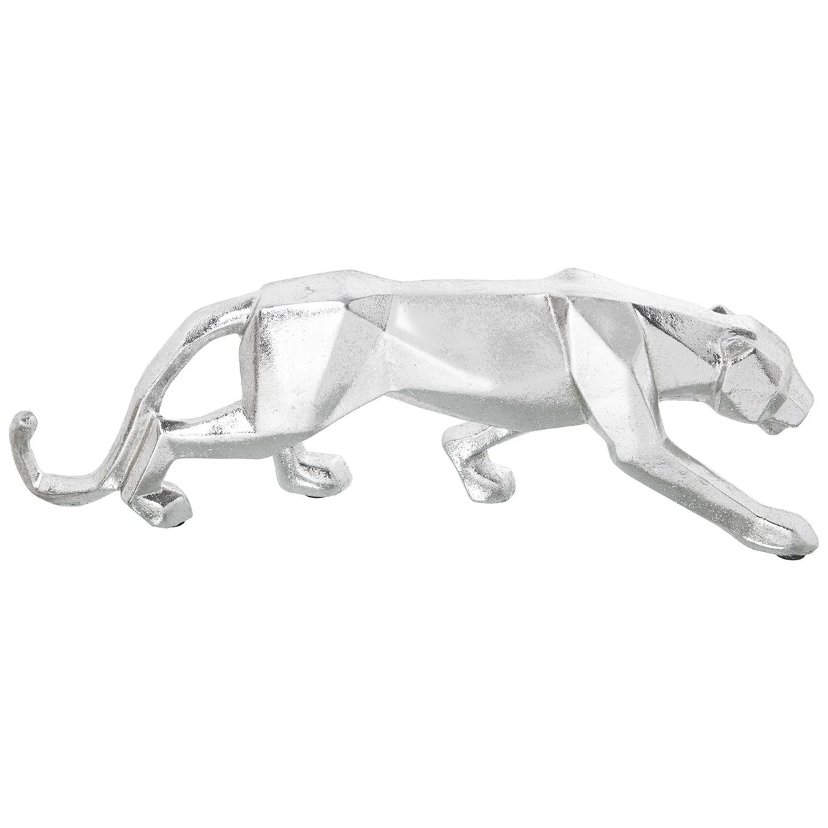 Statuina in resina raffigurante una pantera in agguato dal design origami dalle superfici sfaccettate, con finitura argentata lucida. Scultura decorativa dalle linee geometriche moderne, ideale come soprammobile di design o idea regalo raffinata.