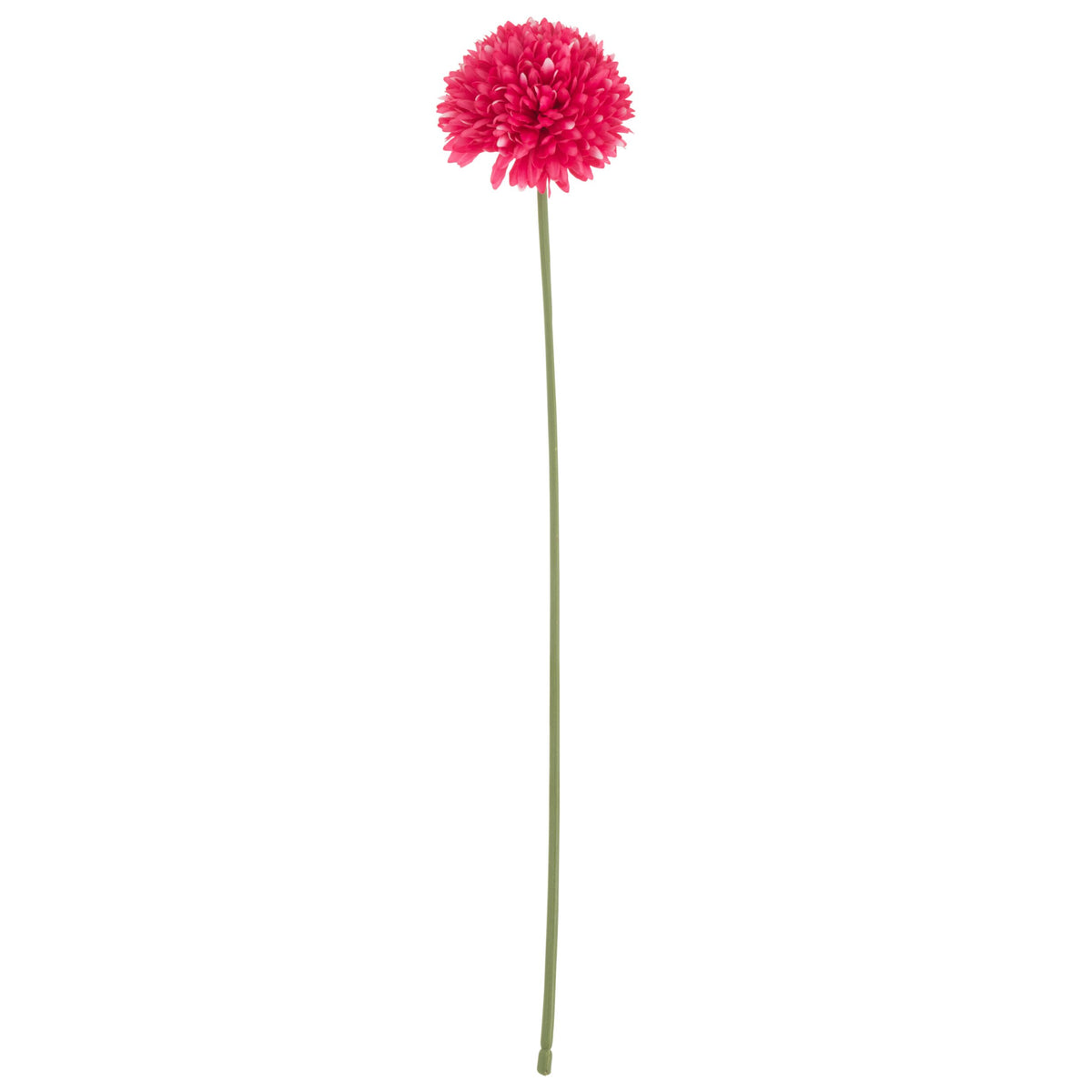 Crisantemo artificiale jolipa con corolla sferica color fuchsia composta da piccoli petali compatti, su lungo stelo verde. Fiore decorativo dall’effetto pompon, ideale per l’home décor e come idea regalo.
