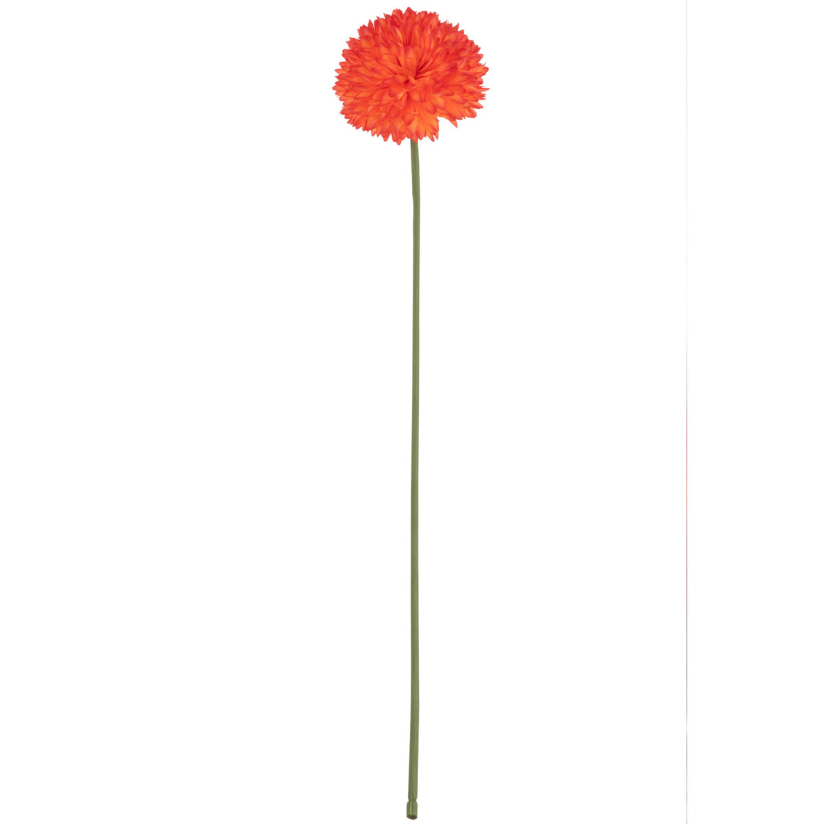 Crisantemo artificiale jolipa con corolla sferica color arancionecomposta da piccoli petali compatti, su lungo stelo verde. Fiore decorativo dall’effetto pompon, ideale per l’home décor e come idea regalo.