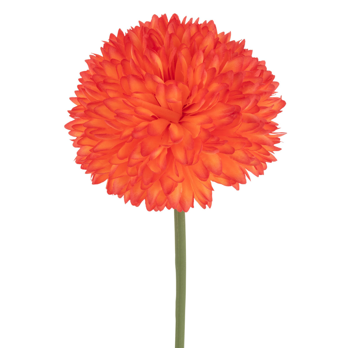 Crisantemo artificiale jolipa con corolla sferica color arancionecomposta da piccoli petali compatti, su lungo stelo verde. Fiore decorativo dall’effetto pompon, ideale per l’home décor e come idea regalo.