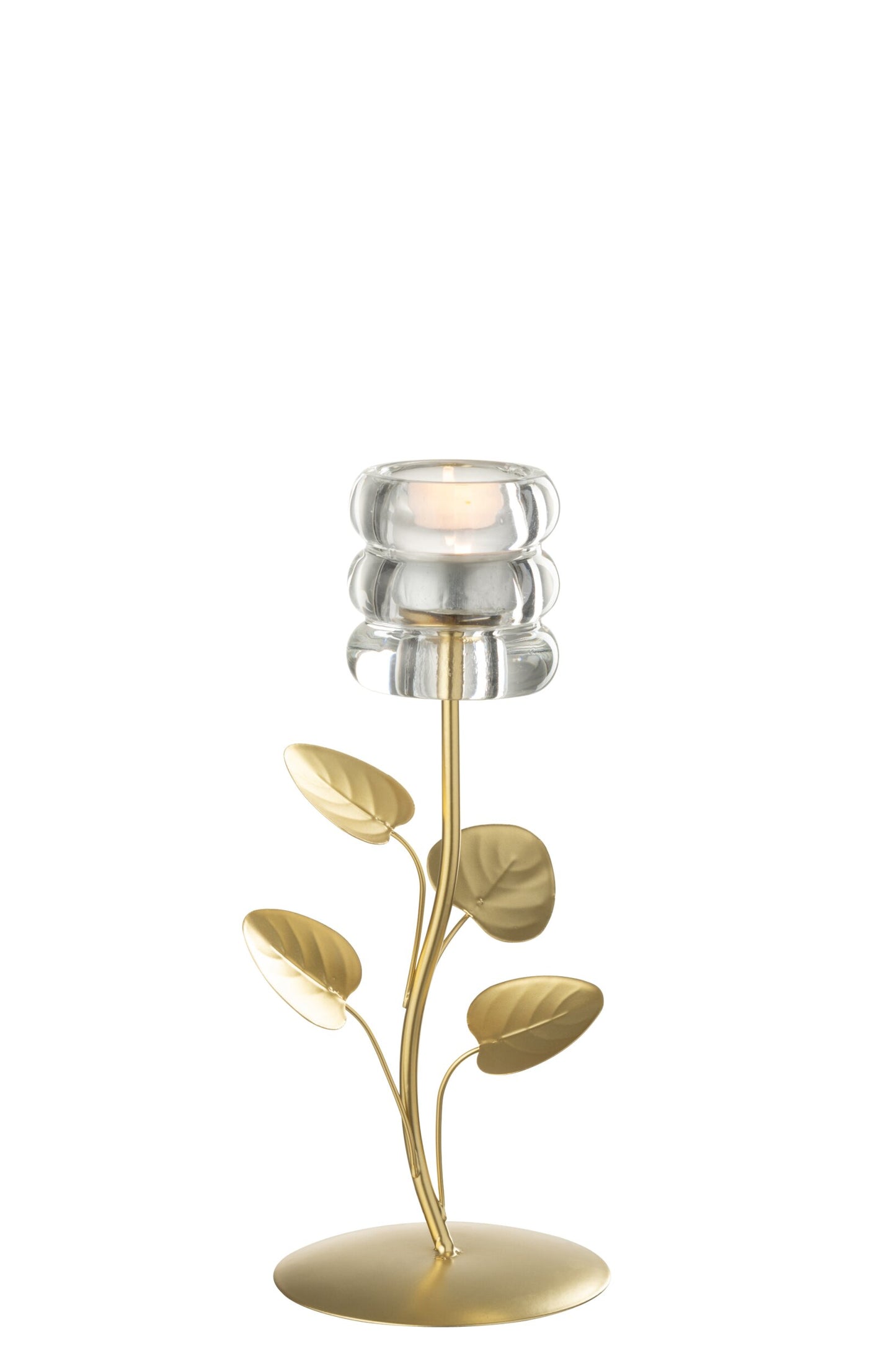 Candeliere decorativo caratterizzato da uno stelo metallico dorato a forma di ramo con foglie e da una base circolare abbinata. La parte superiore è rifinita con un elegante portalampada o portacandela in vetro trasparente con lavorazione a cerchi concentrici spessi, ideale per impreziosire i tavoli o le superfici di casa.