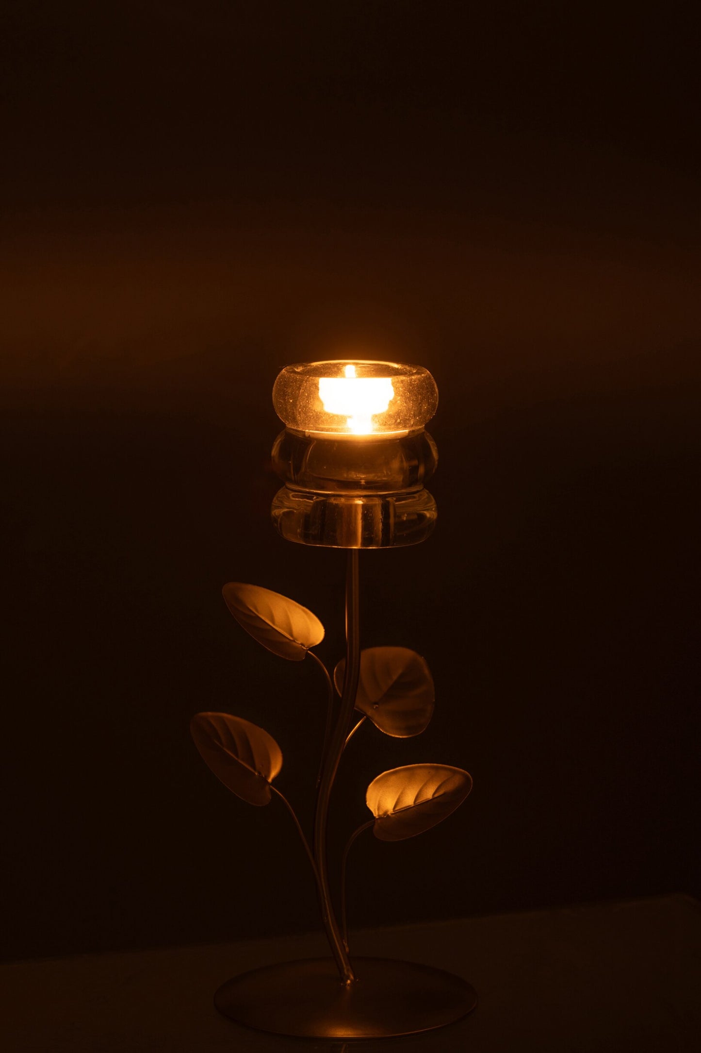 Candeliere decorativo caratterizzato da uno stelo metallico dorato a forma di ramo con foglie e da una base circolare abbinata. La parte superiore è rifinita con un elegante portalampada o portacandela in vetro trasparente con lavorazione a cerchi concentrici spessi, ideale per impreziosire i tavoli o le superfici di casa.