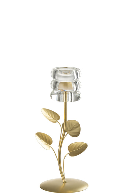 Candeliere decorativo caratterizzato da uno stelo metallico dorato a forma di ramo con foglie e da una base circolare abbinata. La parte superiore è rifinita con un elegante portalampada o portacandela in vetro trasparente con lavorazione a cerchi concentrici spessi, ideale per impreziosire i tavoli o le superfici di casa.