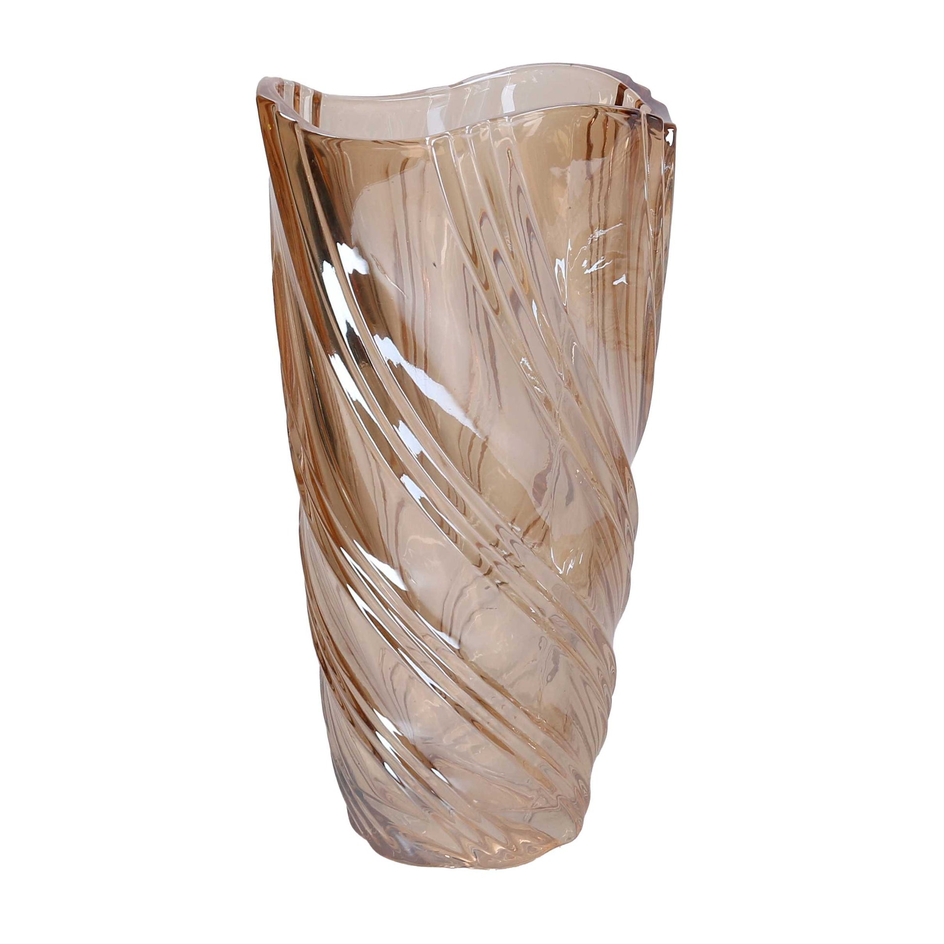 Vaso in vetro artistico di colore ambra trasparente del marchio Vacchetti, caratterizzato da una superficie lavorata con motivi a onda a spirale e bordo superiore irregolare e sinuoso.