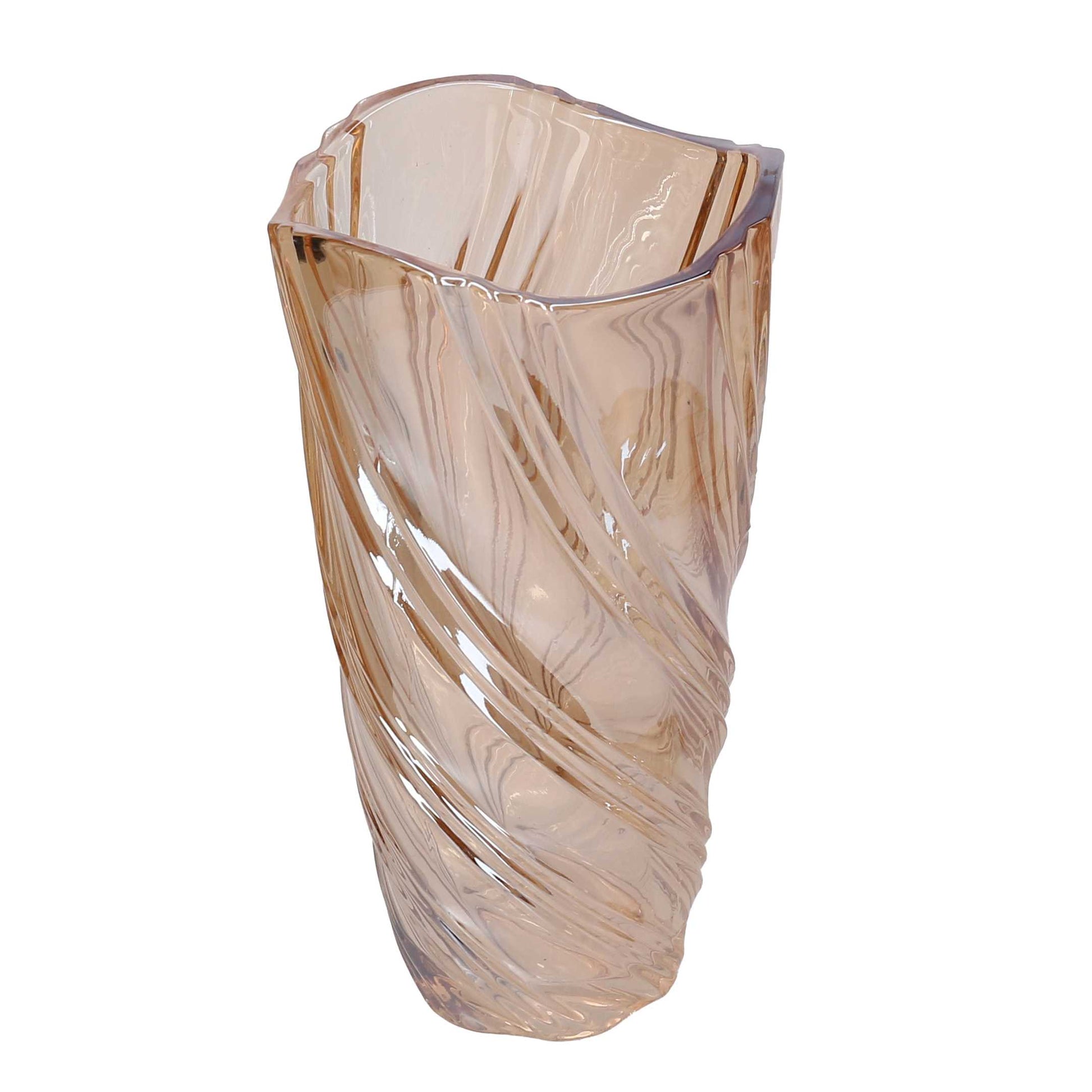 Vaso in vetro artistico di colore ambra trasparente del marchio Vacchetti, caratterizzato da una superficie lavorata con motivi a onda a spirale e bordo superiore irregolare e sinuoso.