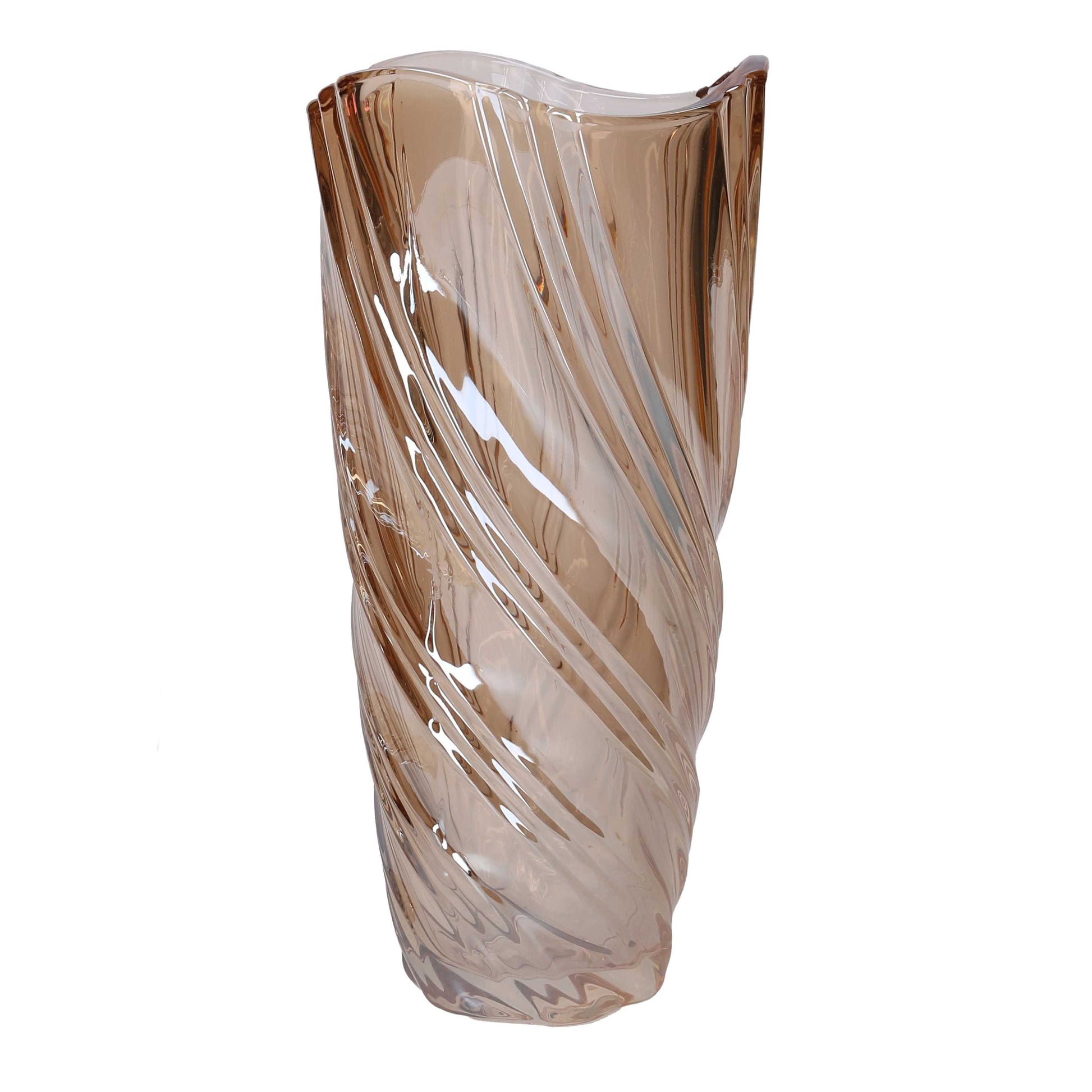 Vaso in vetro artistico di colore ambra trasparente del marchio Vacchetti, caratterizzato da una superficie lavorata con motivi a onda a spirale e bordo superiore irregolare e sinuoso.