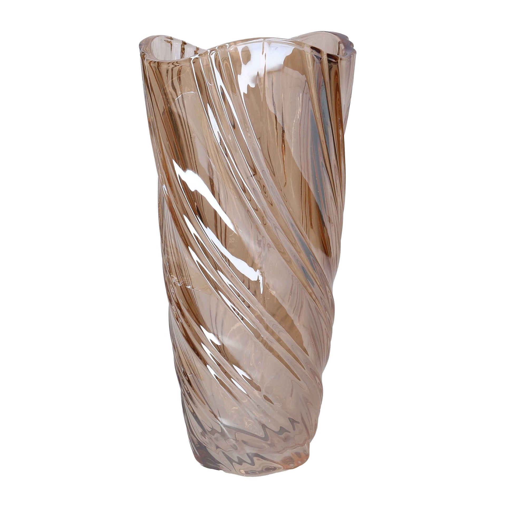 Vaso in vetro artistico di colore ambra trasparente del marchio Vacchetti, caratterizzato da una superficie lavorata con motivi a onda a spirale e bordo superiore irregolare e sinuoso.