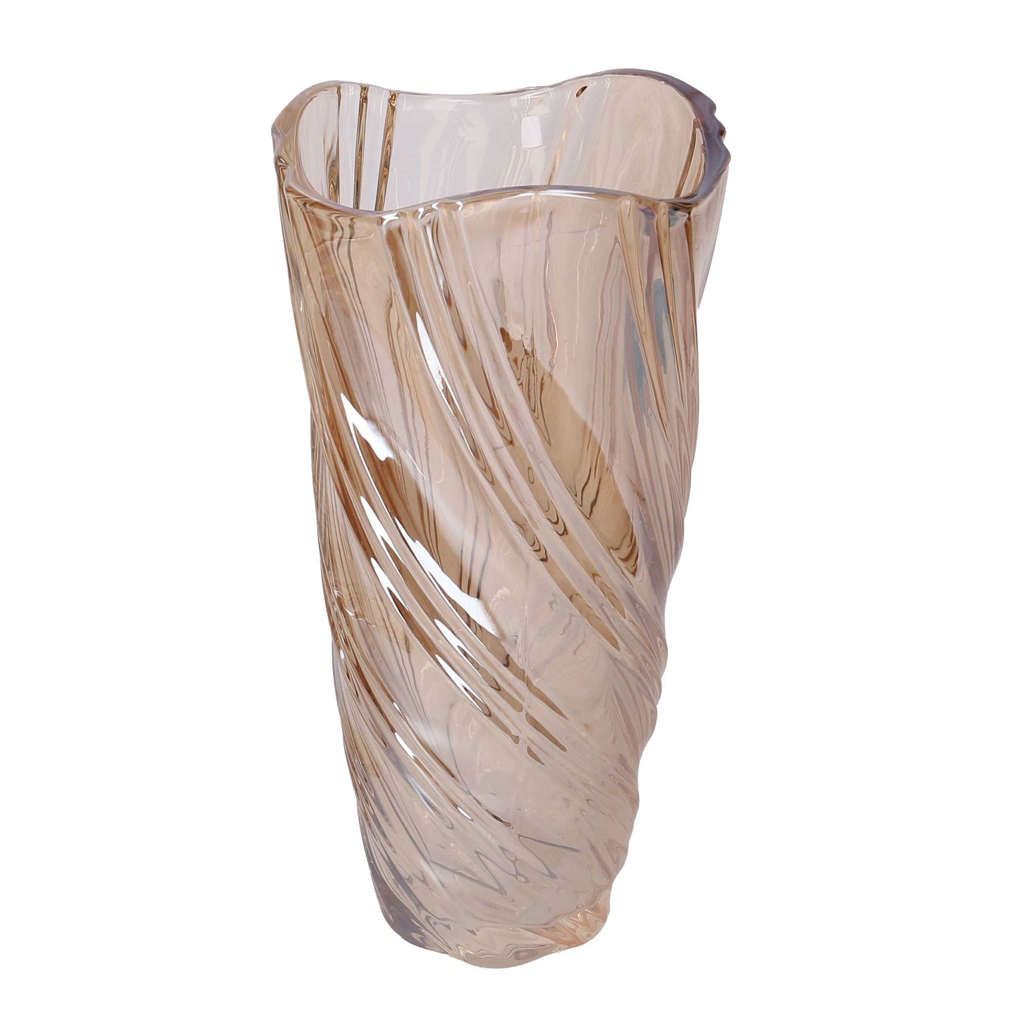 Vaso in vetro artistico di colore ambra trasparente del marchio Vacchetti, caratterizzato da una superficie lavorata con motivi a onda a spirale e bordo superiore irregolare e sinuoso.