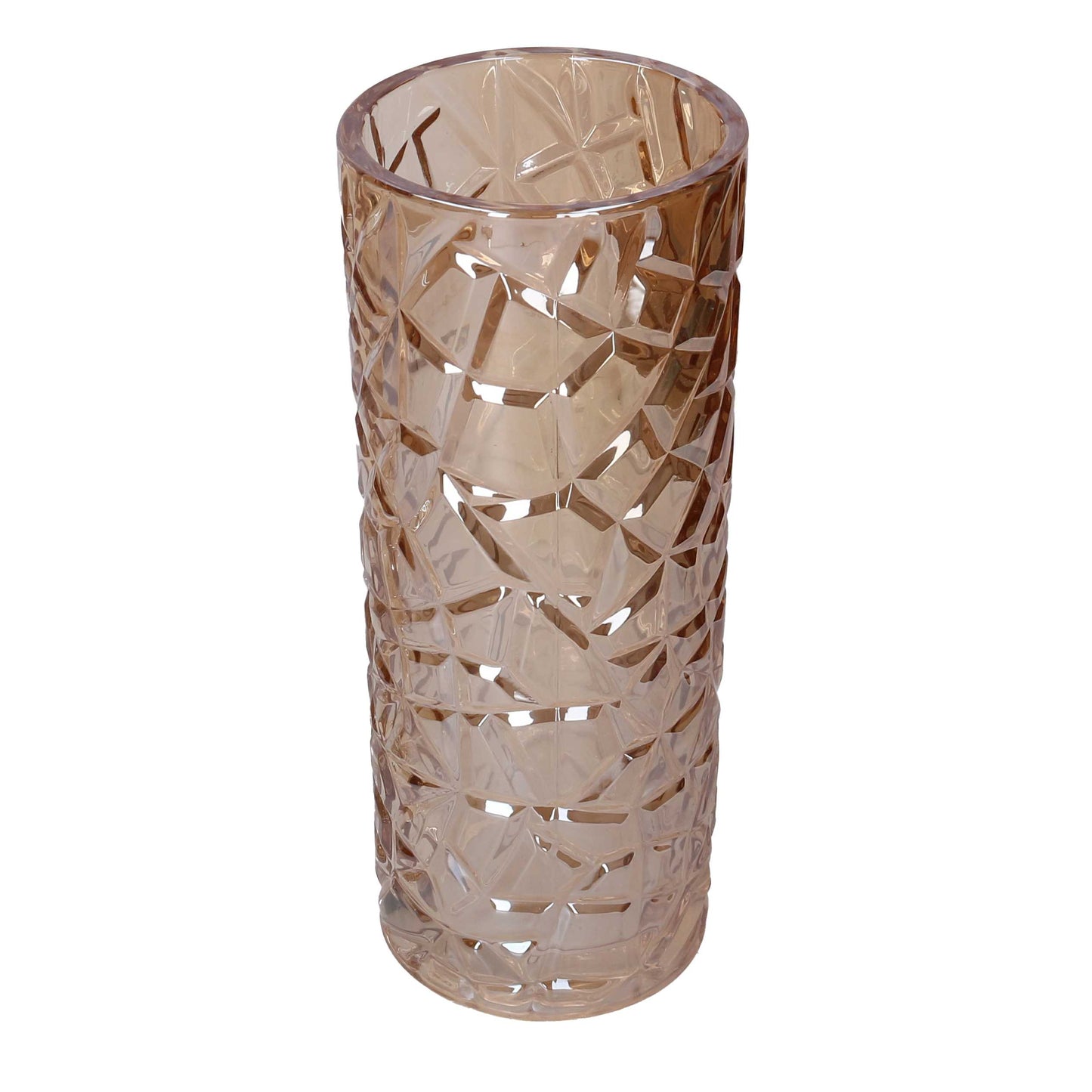 Vaso cilindrico in vetro ambra trasparente con superficie lavorata a sfaccettature irregolari frastagliate che creano riflessi geometrici.