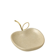 Piatto decorativo a forma di mela in finitura oro satinata, con gambo e foglia in metallo lucido. Svuotatasche originale per l'home décor, ideale come idea regalo.