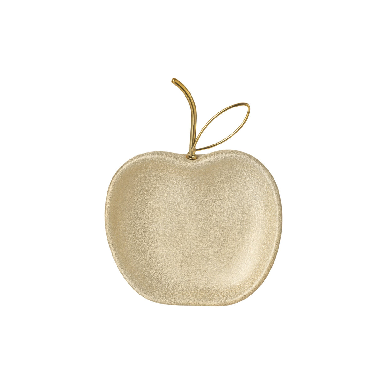 Piatto decorativo a forma di mela in finitura oro satinata, con gambo e foglia in metallo lucido. Svuotatasche originale per l'home décor, ideale come idea regalo.