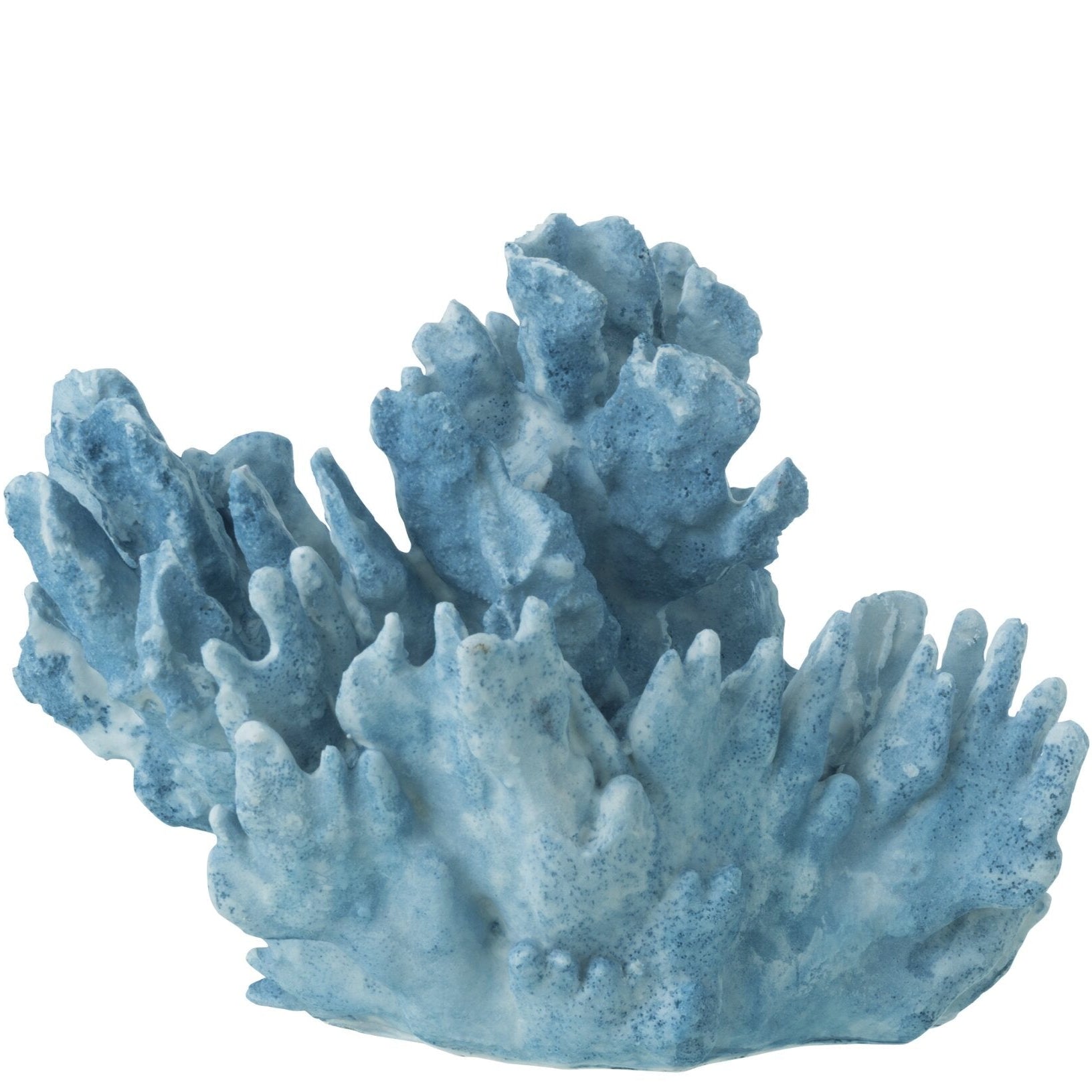 Scultura decorativa in resina a forma di corallo azzurro di grandi dimensioni della collezione "Oceano Azul", caratterizzata da una struttura ricca di ramificazioni realistiche sfumate in bianco. Questo soprammobile d'ispirazione marina presenta una superficie porosa dall'aspetto naturale, ideale come elegante elemento d'arredo per completare ambienti in stile costiero o moderno.