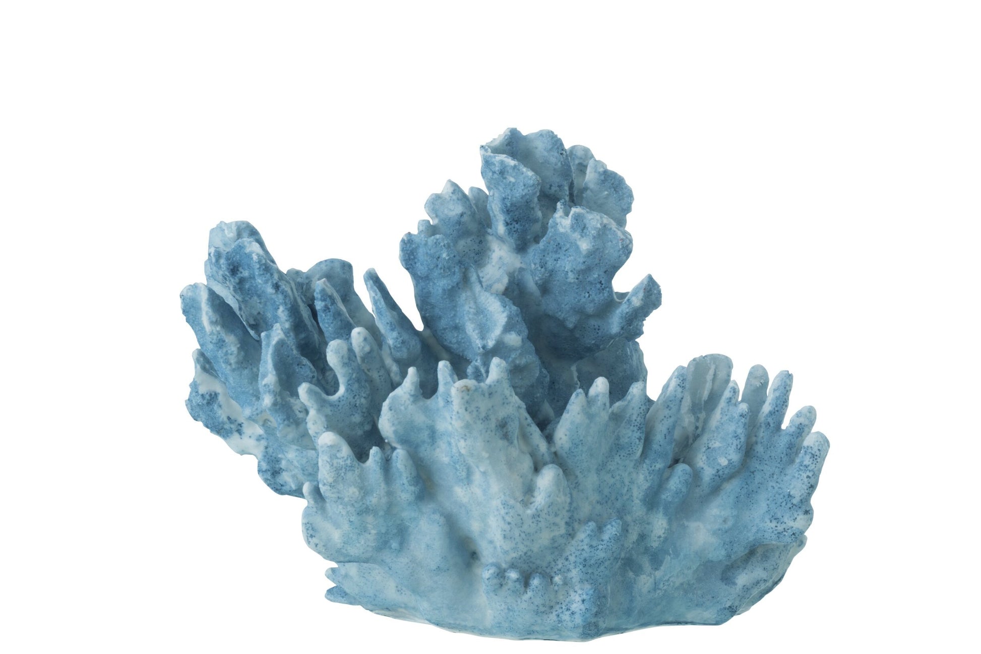 Scultura decorativa in resina a forma di corallo azzurro di grandi dimensioni della collezione "Oceano Azul", caratterizzata da una struttura ricca di ramificazioni realistiche sfumate in bianco. Questo soprammobile d'ispirazione marina presenta una superficie porosa dall'aspetto naturale, ideale come elegante elemento d'arredo per completare ambienti in stile costiero o moderno.