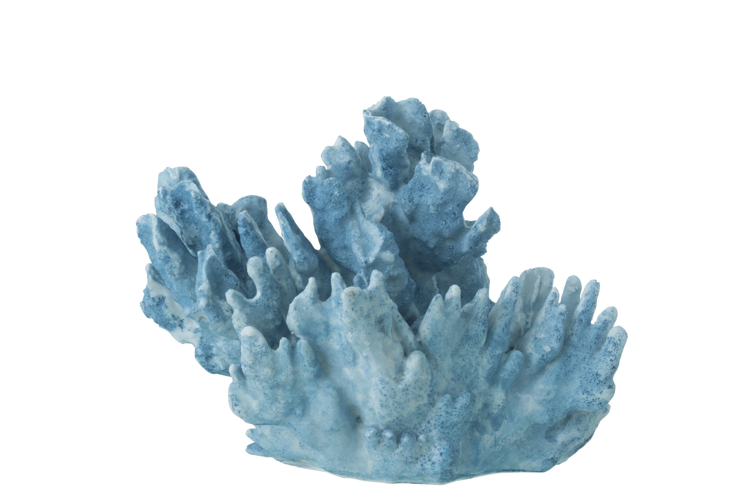 Scultura decorativa in resina a forma di corallo azzurro di grandi dimensioni della collezione "Oceano Azul", caratterizzata da una struttura ricca di ramificazioni realistiche sfumate in bianco. Questo soprammobile d'ispirazione marina presenta una superficie porosa dall'aspetto naturale, ideale come elegante elemento d'arredo per completare ambienti in stile costiero o moderno.