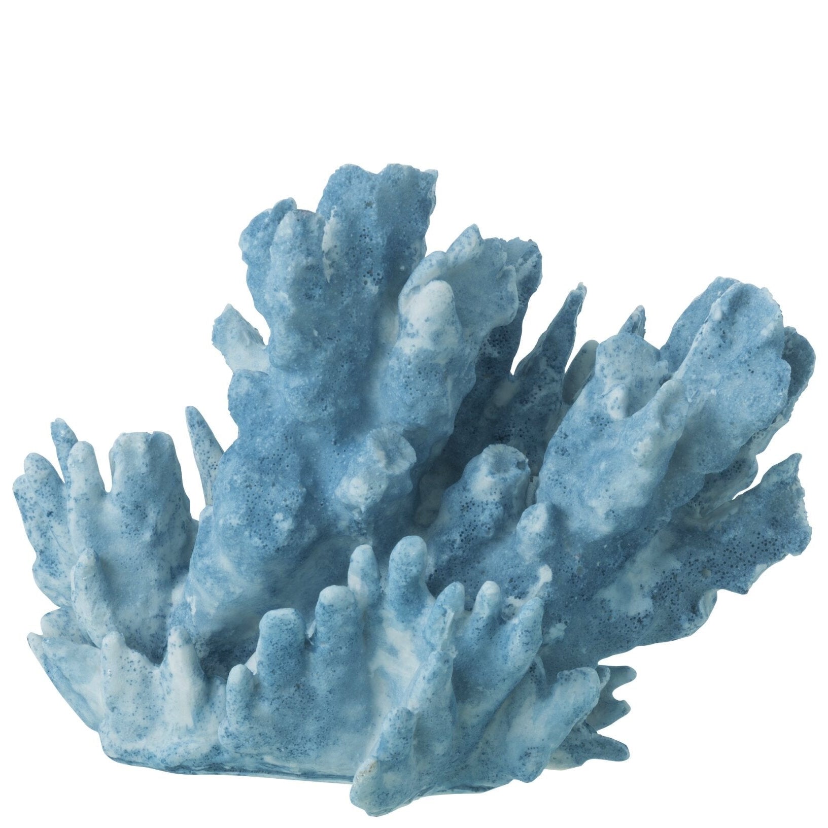 Scultura decorativa in resina a forma di corallo azzurro di grandi dimensioni della collezione "Oceano Azul", caratterizzata da una struttura ricca di ramificazioni realistiche sfumate in bianco. Questo soprammobile d'ispirazione marina presenta una superficie porosa dall'aspetto naturale, ideale come elegante elemento d'arredo per completare ambienti in stile costiero o moderno.