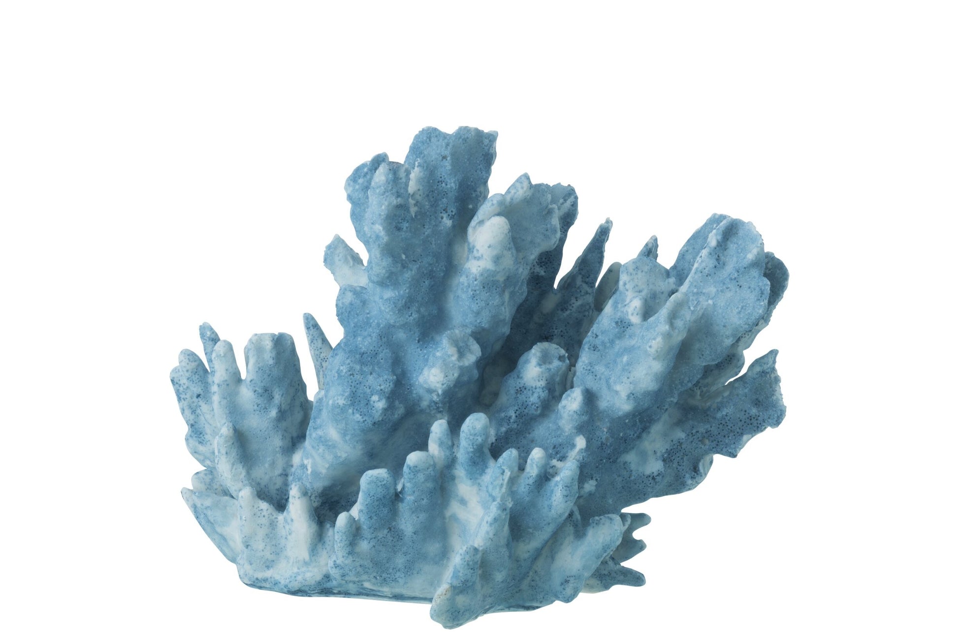 Scultura decorativa in resina a forma di corallo azzurro di grandi dimensioni della collezione "Oceano Azul", caratterizzata da una struttura ricca di ramificazioni realistiche sfumate in bianco. Questo soprammobile d'ispirazione marina presenta una superficie porosa dall'aspetto naturale, ideale come elegante elemento d'arredo per completare ambienti in stile costiero o moderno.