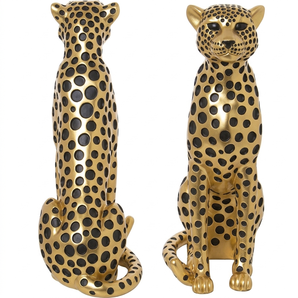 Figura in resina di leopardo oro e nero firmata e-camacho, raffigurante un ghepardo seduto di profilo su una base bianca con un design moderno ricoperto da pois neri a rilievo. Questa statuina decorativa e scultura da collezione rappresenta un soprammobile di lusso ideale per l'arredamento d'interni elegante e di design.