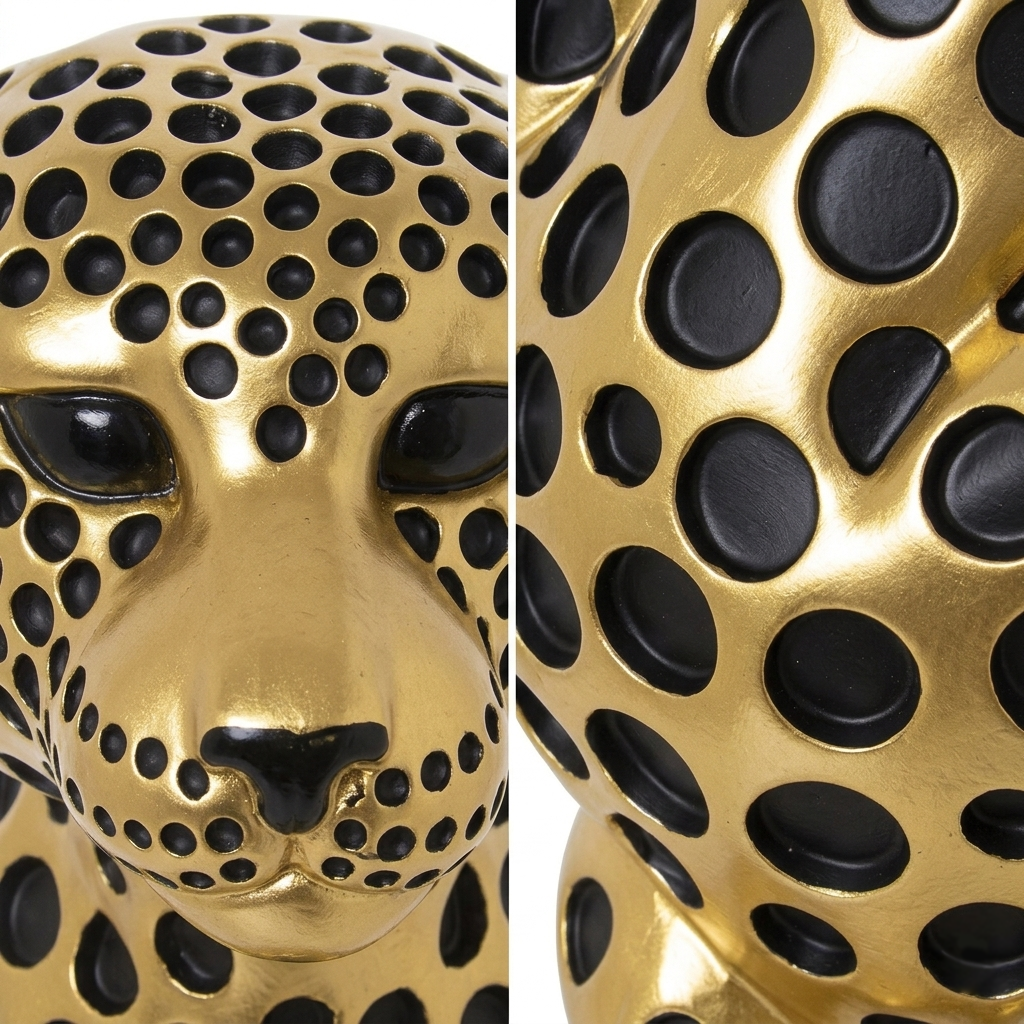 Figura in resina di leopardo oro e nero firmata e-camacho, raffigurante un ghepardo seduto di profilo su una base bianca con un design moderno ricoperto da pois neri a rilievo. Questa statuina decorativa e scultura da collezione rappresenta un soprammobile di lusso ideale per l'arredamento d'interni elegante e di design.