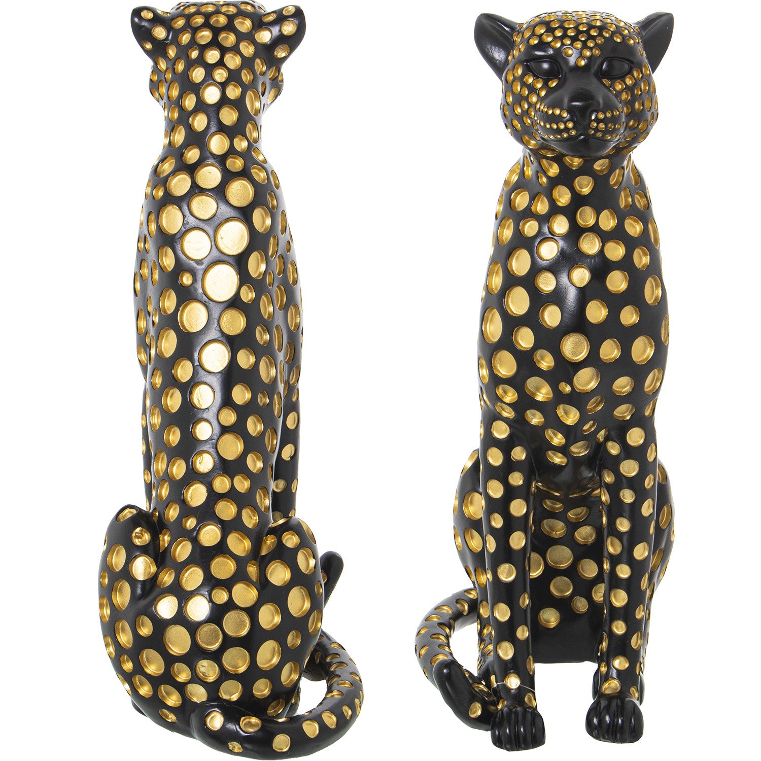Figura in resina di leopardo nero e oro firmata e-camacho, raffigurante un ghepardo seduto di profilo con un design moderno ricoperto da pois dorati a rilievo. Questa statuina decorativa e scultura da collezione rappresenta un soprammobile di lusso ideale per l'arredamento d'interni elegante e di design.