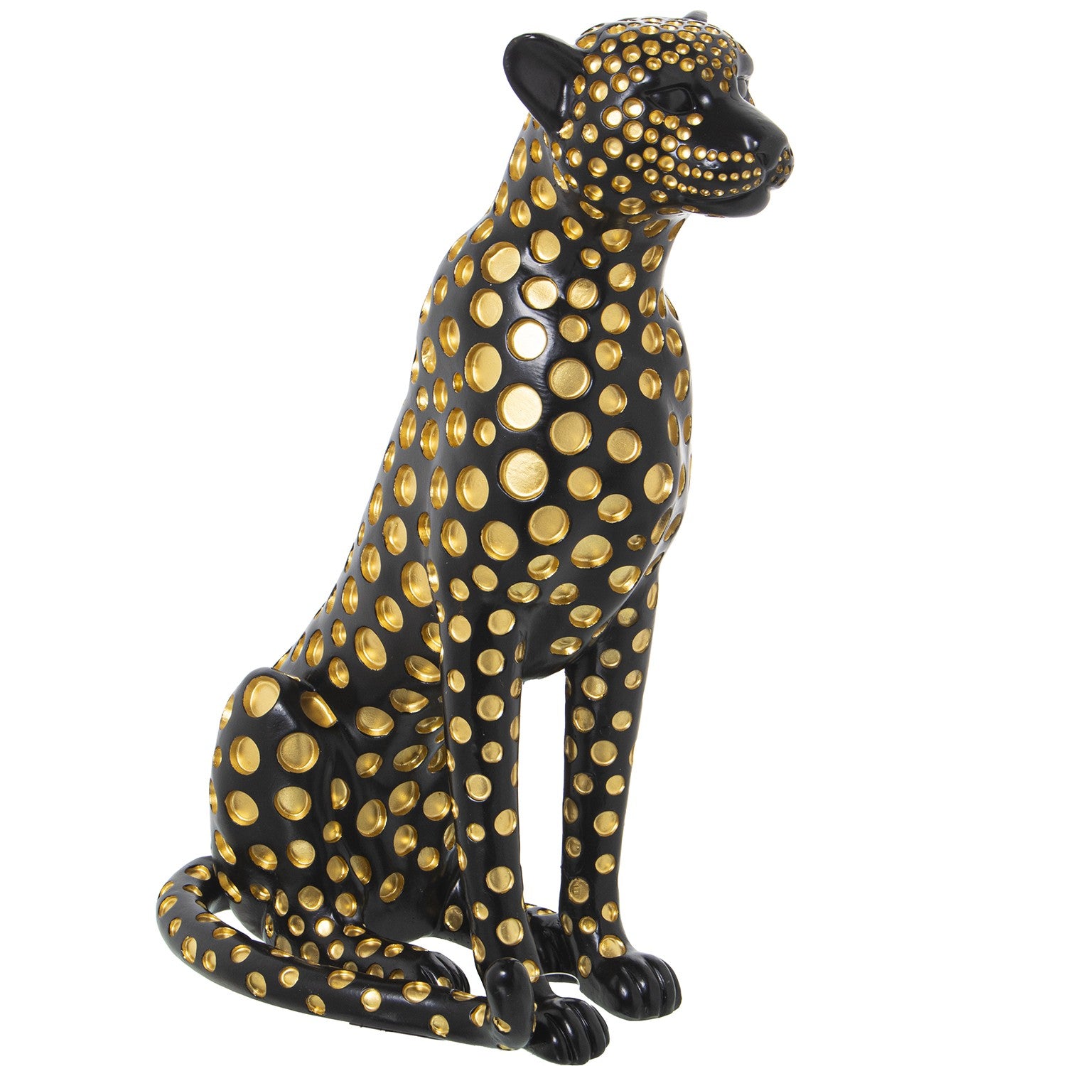 Figura in resina di leopardo nero e oro firmata e-camacho, raffigurante un ghepardo seduto di profilo con un design moderno ricoperto da pois dorati a rilievo. Questa statuina decorativa e scultura da collezione rappresenta un soprammobile di lusso ideale per l'arredamento d'interni elegante e di design.