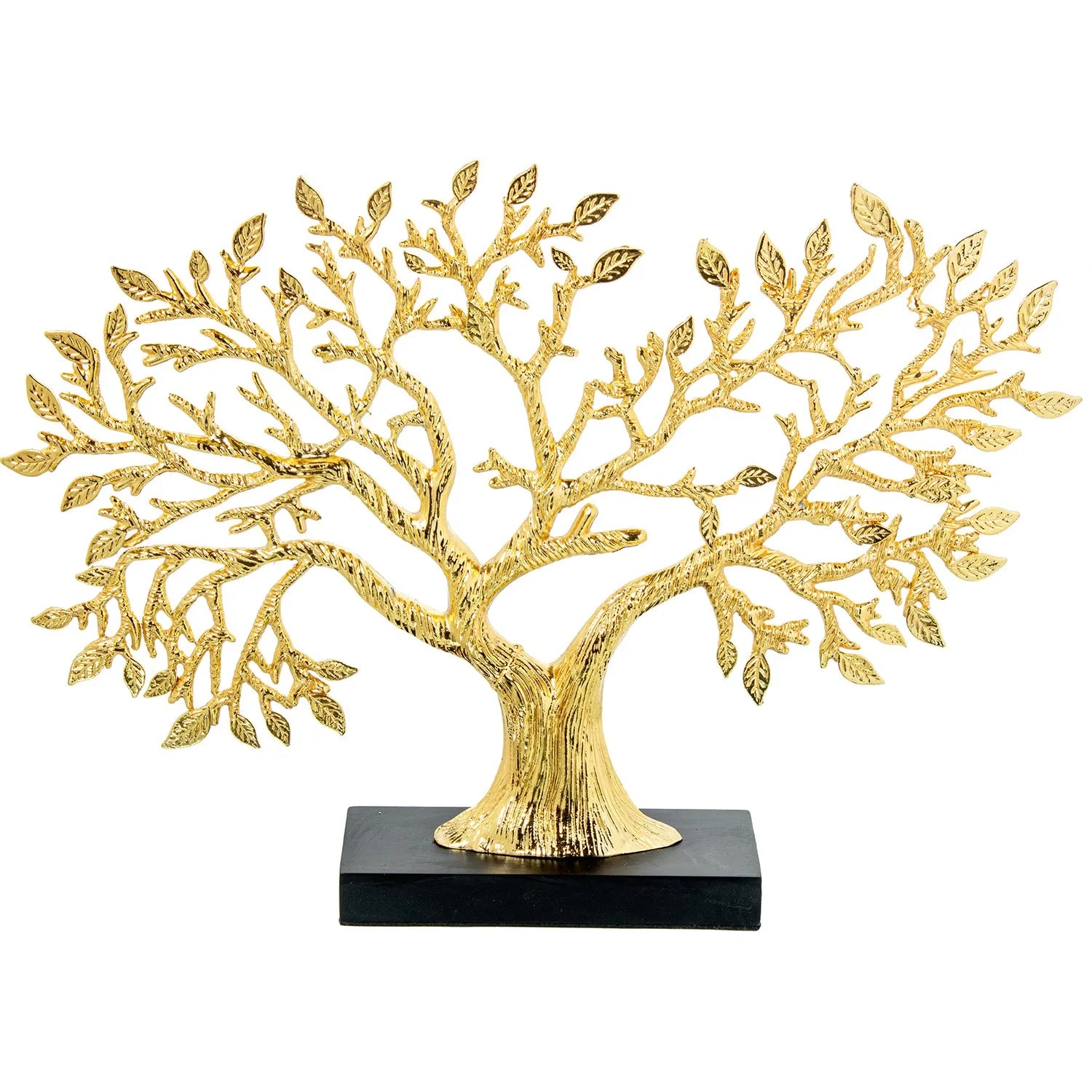 Scultura di albero della vita in metallo dorato, con tronco corposo e chioma ampia composta da rami intrecciati e foglie finemente dettagliate, poggiante su una base rettangolare in legno nero. Oggetto d'arredo scultoreo firmato E-Camacho, ideale come centrotavola o soprammobile elegante per la casa.