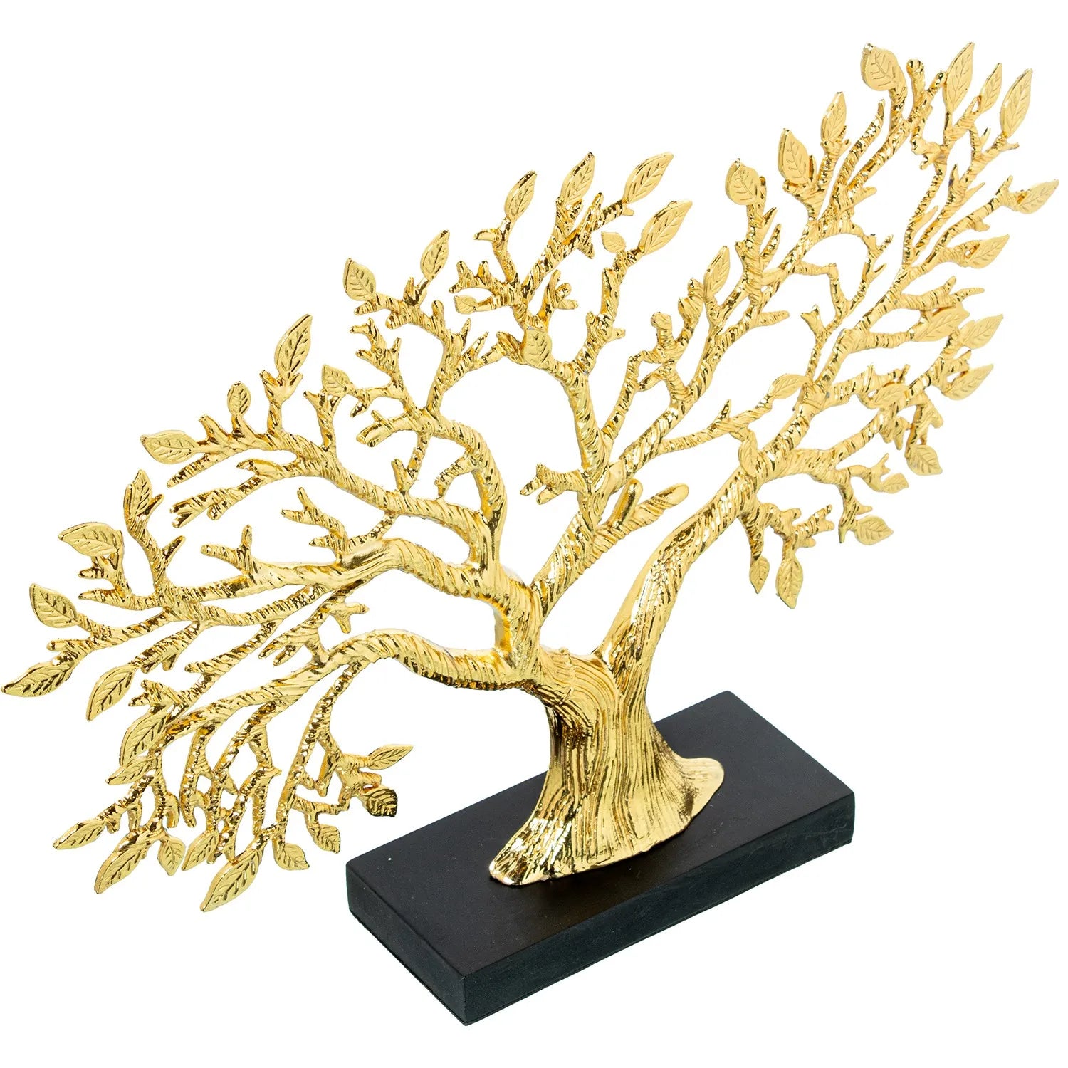 Scultura di albero della vita in metallo dorato, con tronco corposo e chioma ampia composta da rami intrecciati e foglie finemente dettagliate, poggiante su una base rettangolare in legno nero. Oggetto d'arredo scultoreo firmato E-Camacho, ideale come centrotavola o soprammobile elegante per la casa.