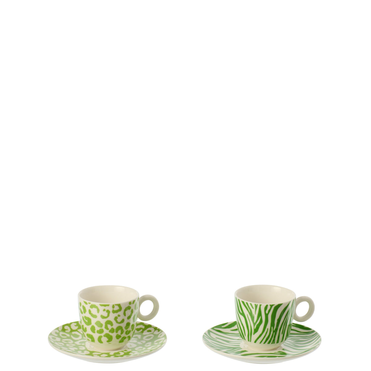 Set di due tazzine per caffè e piattino coordinato con fantasie animalier verdi su sfondo bianco. Set in ceramica ideale per l'home décor o come idea regalo