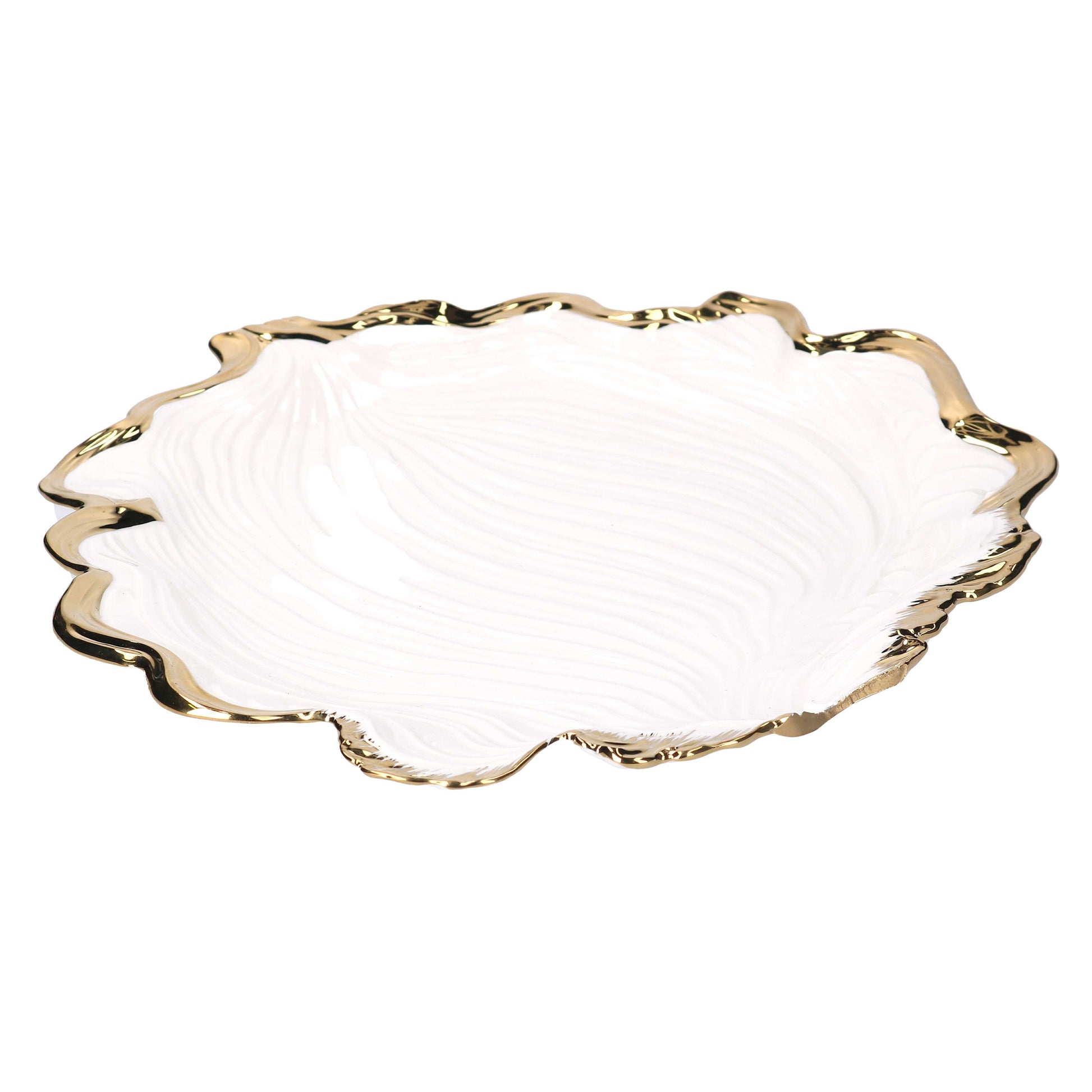 Svuotatasche circolare in ceramica smaltata bianca lucida a forma di foglia organica, con superficie interna a venature a rilievo e ampio bordo irregolare e frastagliato in finitura oro.