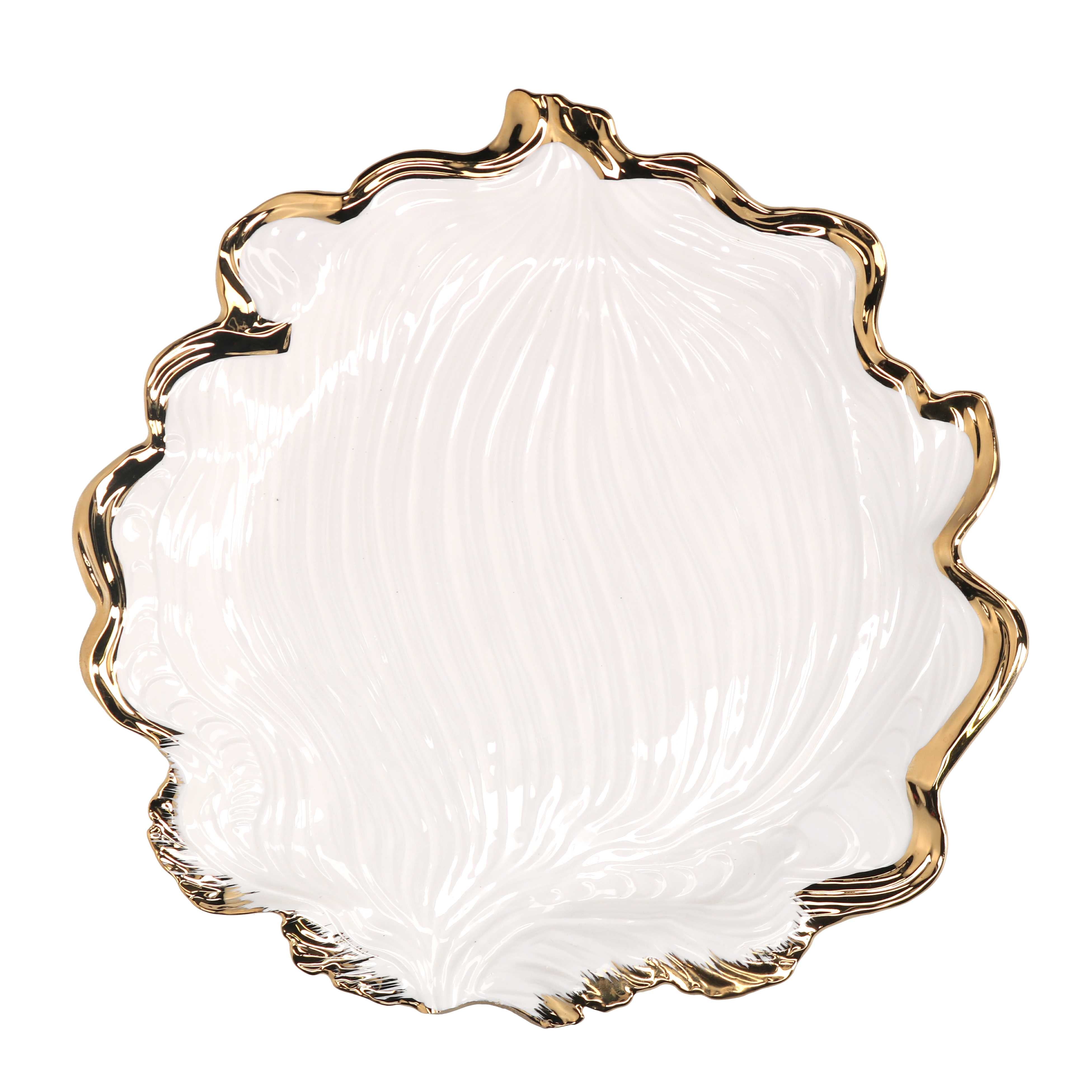 Svuotatasche circolare in ceramica smaltata bianca lucida a forma di foglia organica, con superficie interna a venature a rilievo e ampio bordo irregolare e frastagliato in finitura oro.