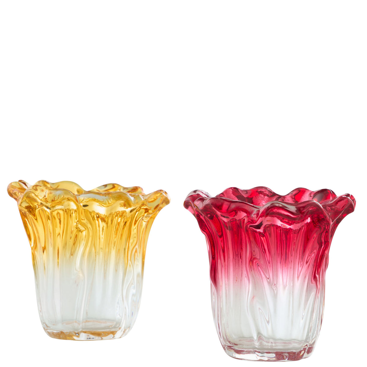 Porta t-light in vetro dal bordo ondulato e frastagliato, con sfumatura colorata assortita tra giallo ambra e rosso rubino. Portacandela decorativo dalla forma irregolare, ideale per l'home décor e come idea regalo.