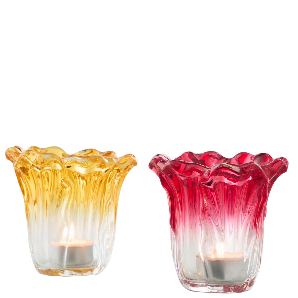 Porta t-light in vetro dal bordo ondulato e frastagliato, con sfumatura colorata assortita tra giallo ambra e rosso rubino. Portacandela decorativo dalla forma irregolare, ideale per l'home décor e come idea regalo.