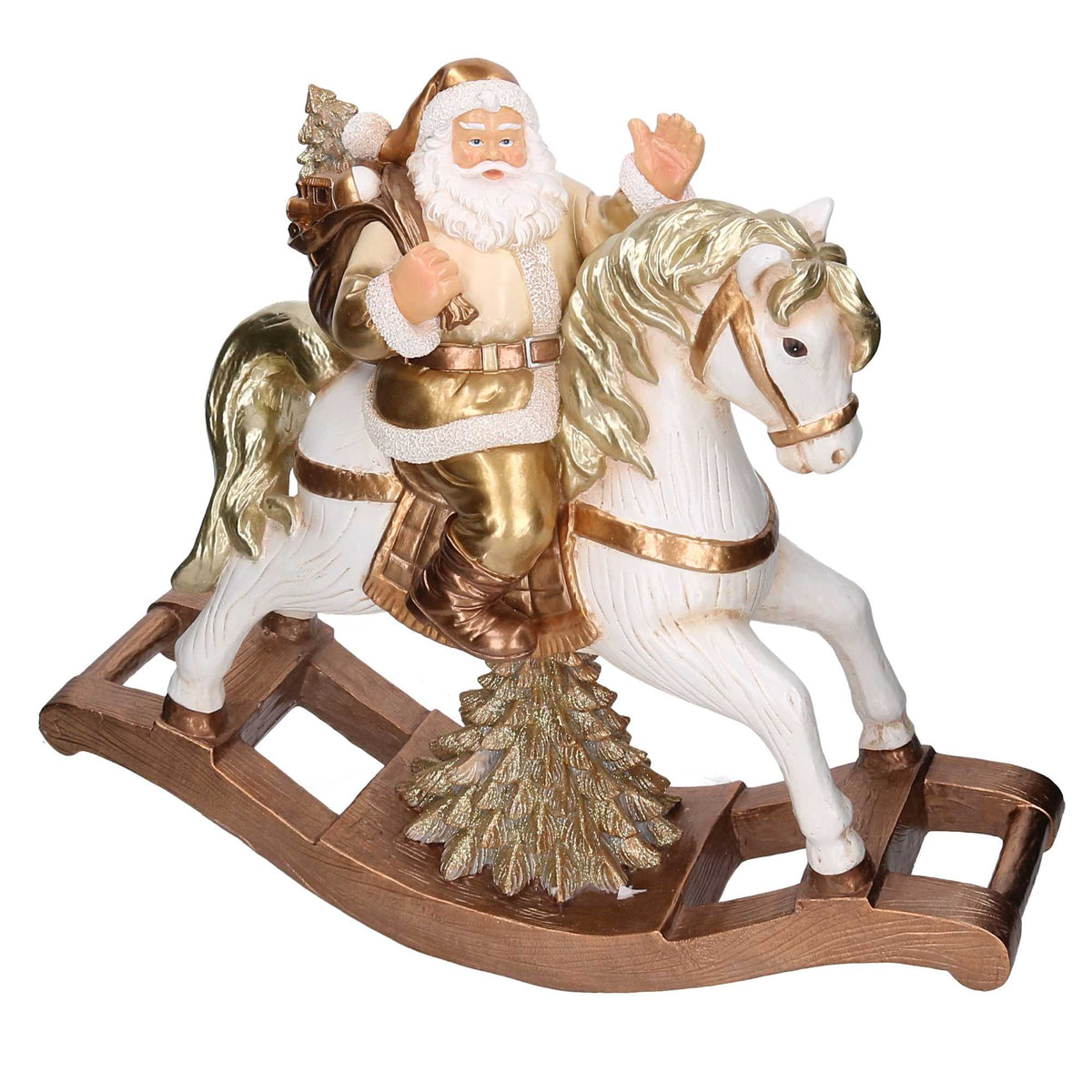 Babbo Natale in Resina su Cavallo a Dondolo, Oro