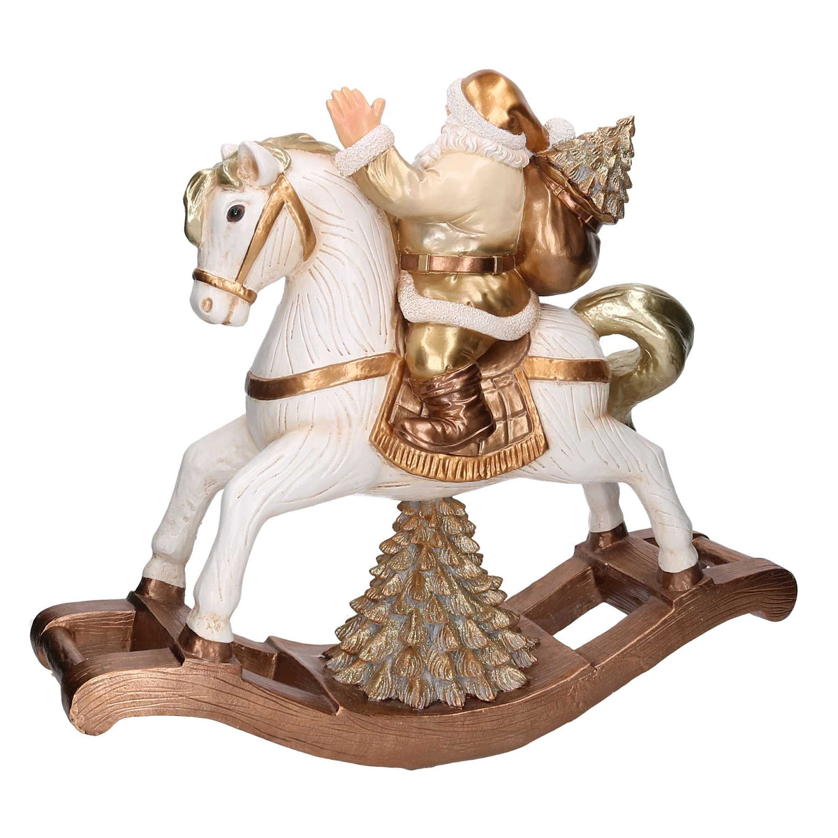 Babbo Natale in Resina su Cavallo a Dondolo, Oro