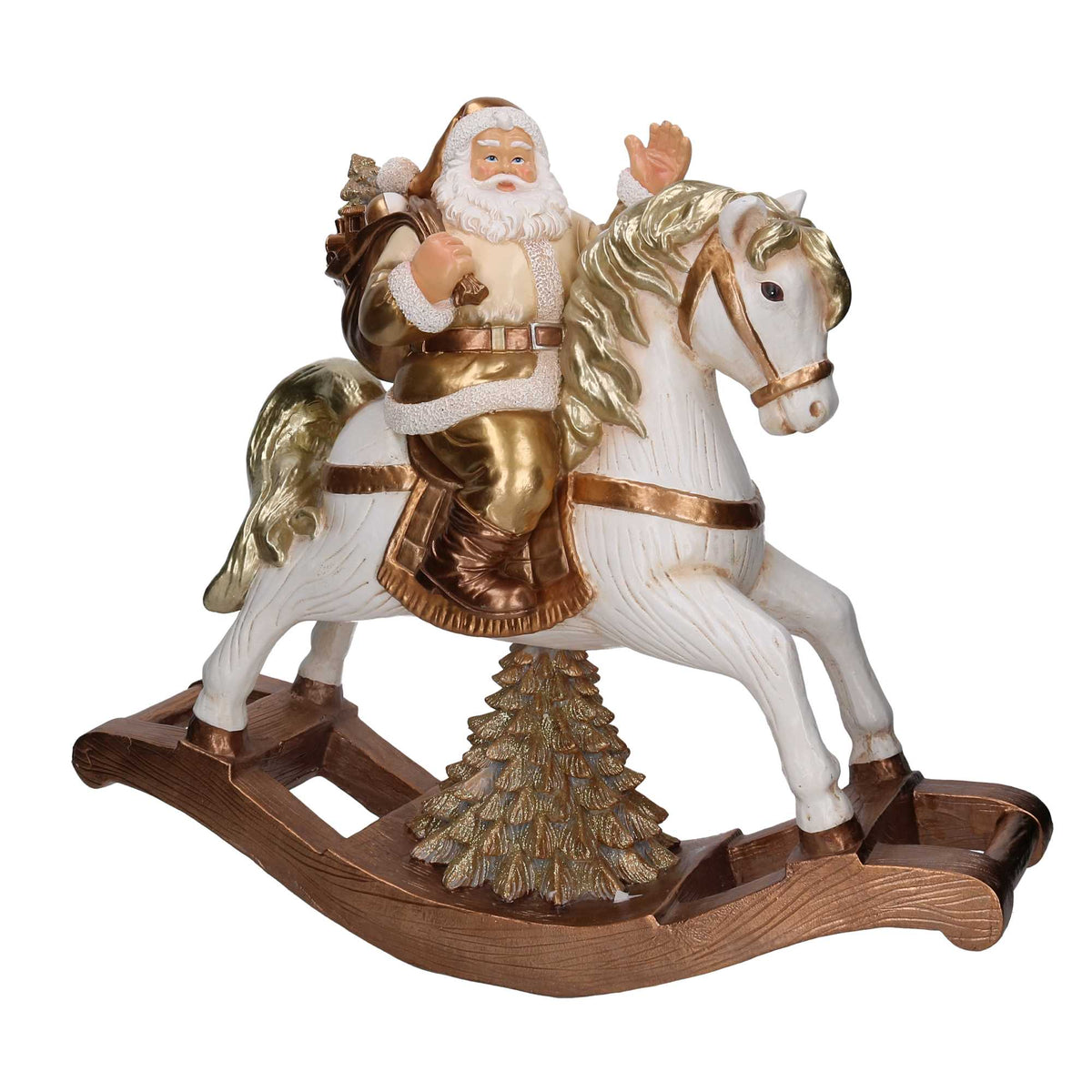 Babbo Natale in Resina su Cavallo a Dondolo, Oro