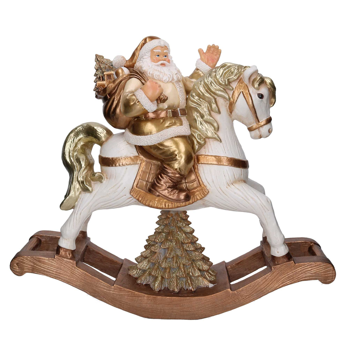 Babbo Natale in Resina su Cavallo a Dondolo, Oro