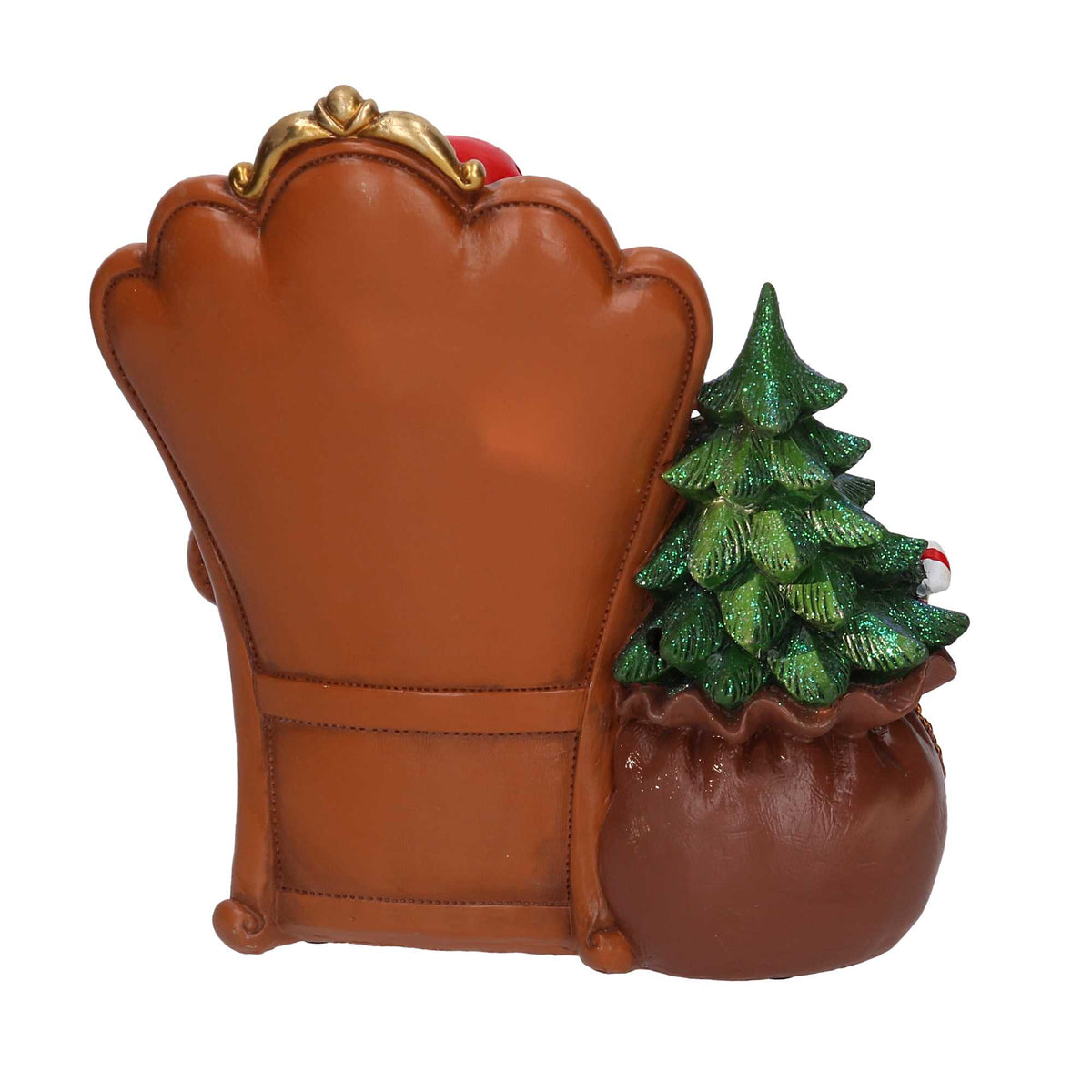Statuina Vacchetti in resina di Babbo Natale seduto su poltrona mentre scrive la lista dei regali, con albero glitterato e pacchi colorati. Decorazione natalizia dipinta a mano, ideale per l’home décor e come idea regalo.