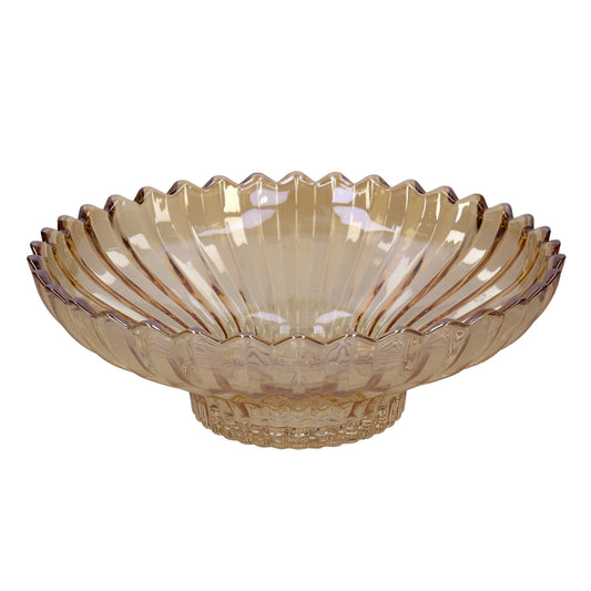 Ciotola tonda centrotavola in vetro ambra con pareti scanalate a raggiera, bordo ondulato e base decorata a rilievo.
