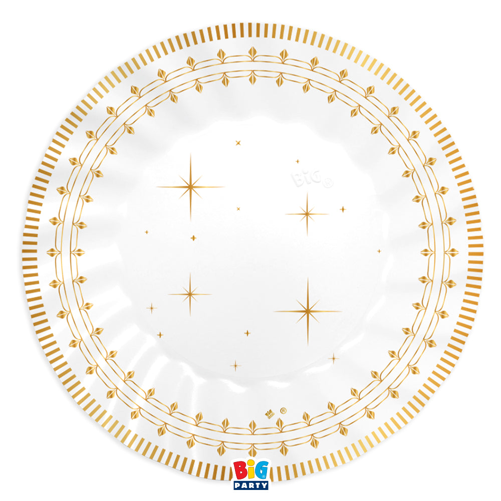 Set di 6 piatti dolce di carta Big Party con schiaccianoci e bordo a righe bianco e oro. Accessorio da tavola per feste, ideale per allestimenti a tema.